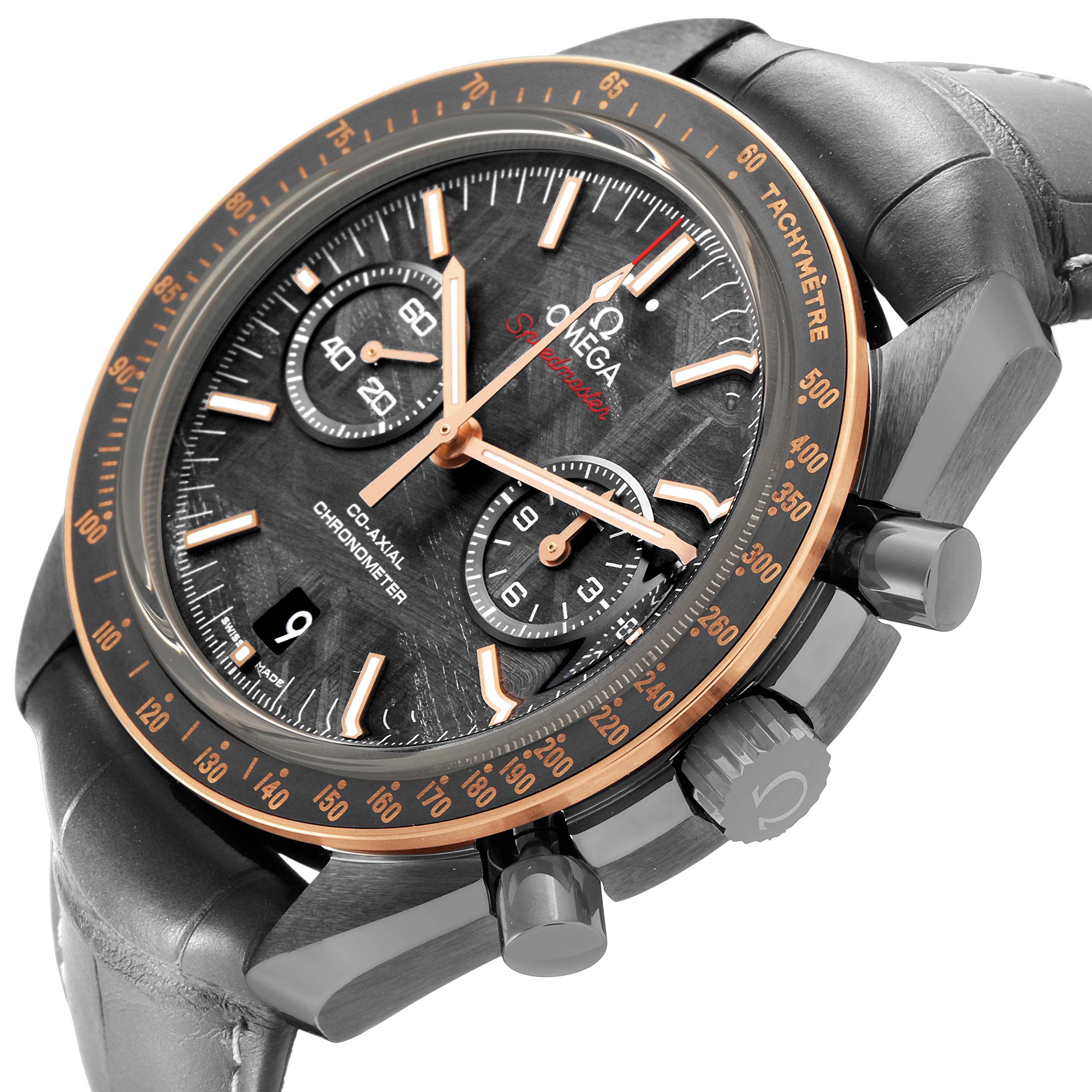 The Omega Speedmaster 311.63.44.51.99.001 Men's Ceramic Grey Dial watch is shown at an angled side view, highlighting its dial, tachymeter bezel, and pushers.