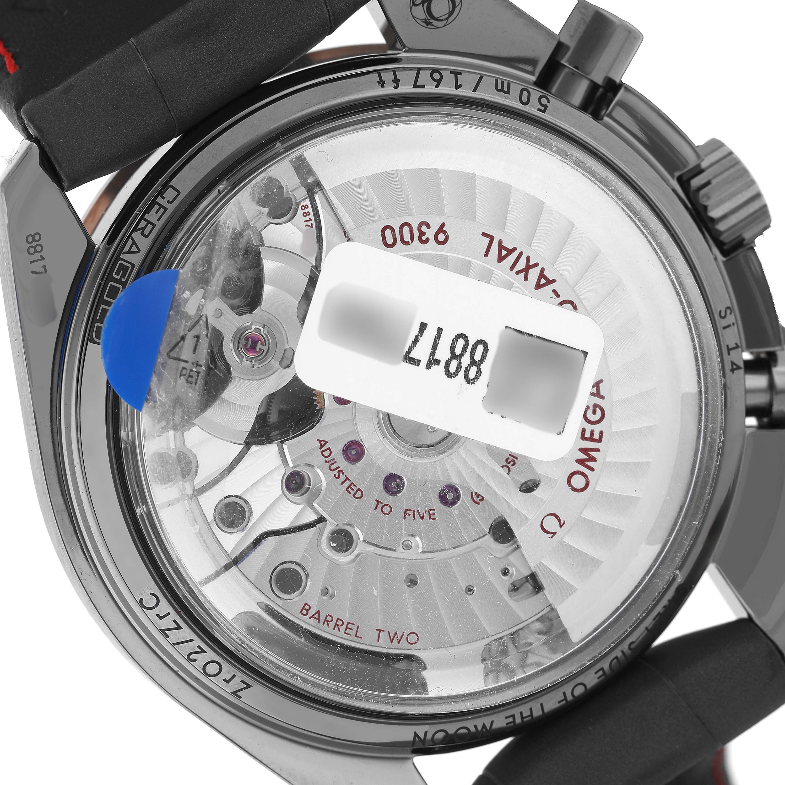 The image shows the back of an Omega Speedmaster 311.63.44.51.99.001 Men's Ceramic Grey Dial, highlighting its movement and inner mechanisms.