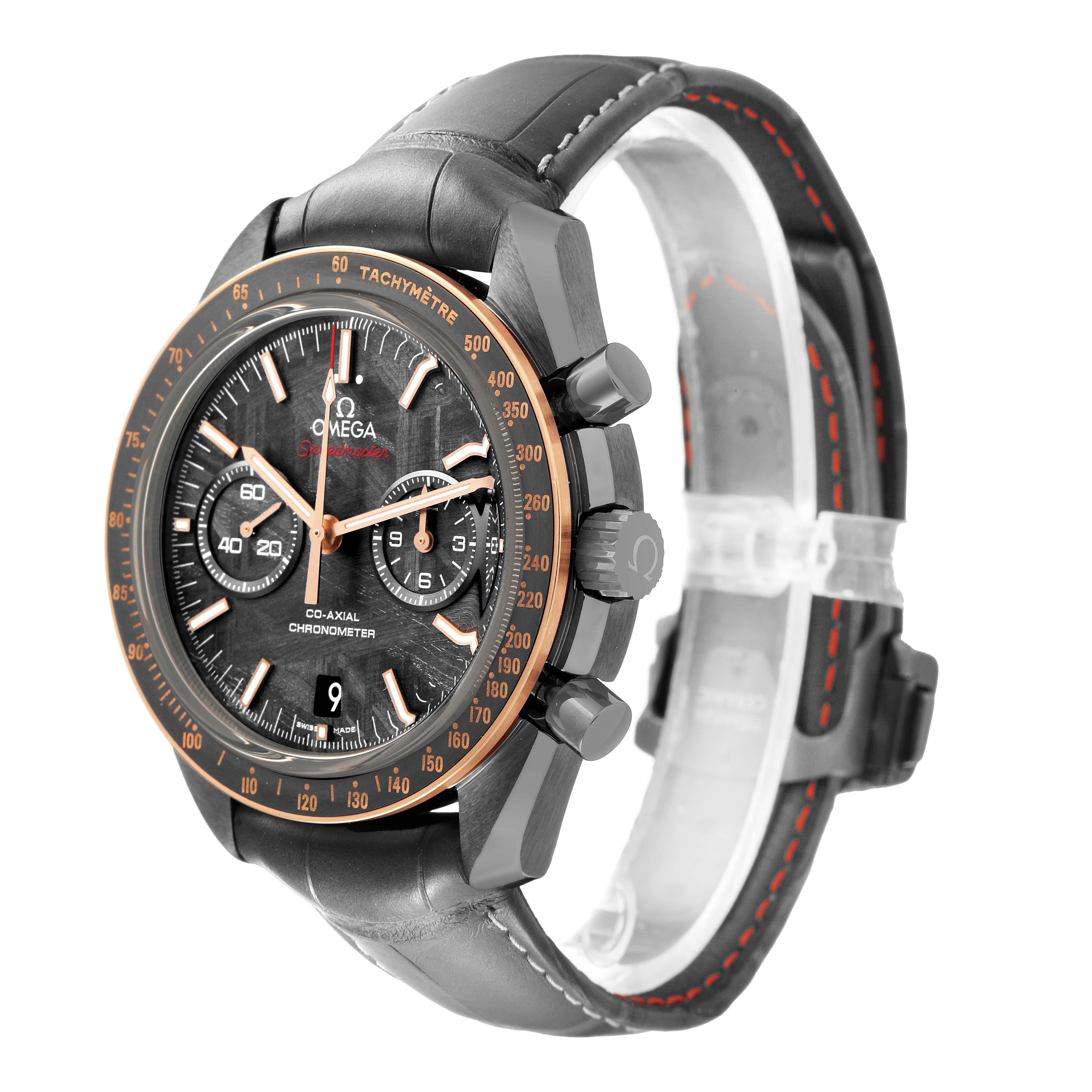 The Omega Speedmaster 311.63.44.51.99.001 Men's Ceramic Grey Dial is shown from a three-quarter angle, highlighting the face, bezel, crown, and pushers.