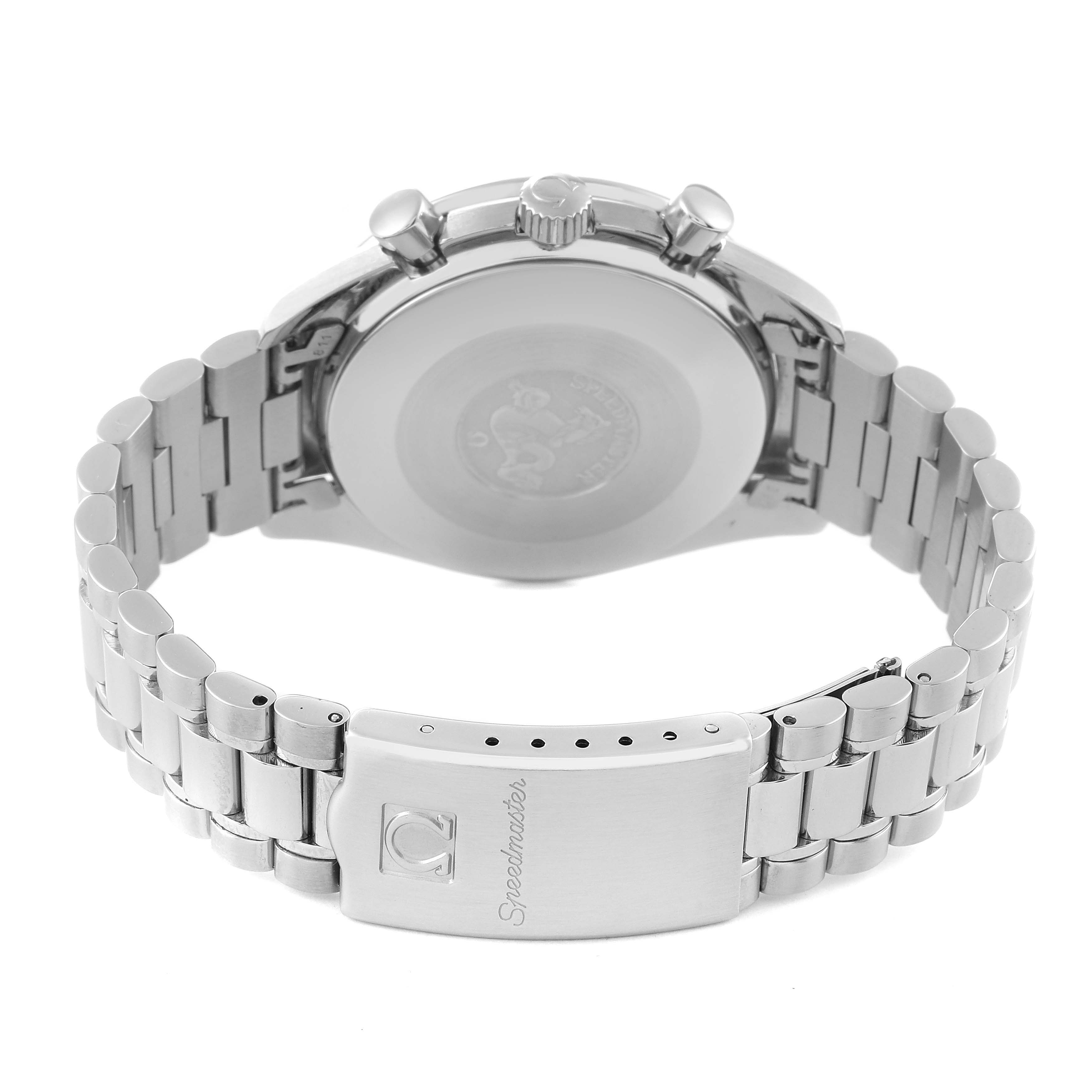 The image shows the back view of an Omega Speedmaster 3510.50.00 Men's Stainless Steel Black Dial 3510.50.00 Men's Stainless Steel Black Dial watch, displaying the case back, bracelet, and clasp.