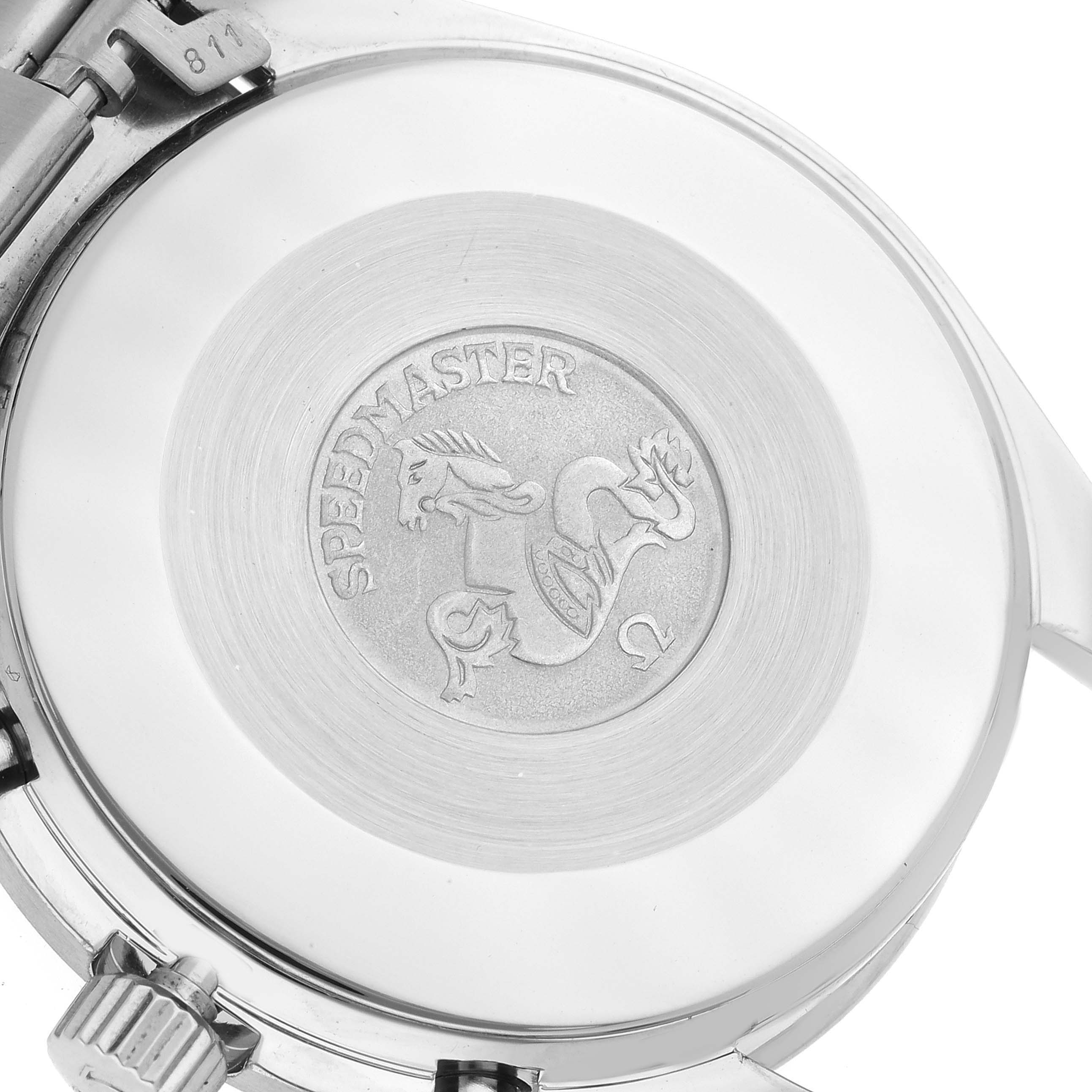 This image shows the back case of an Omega Speedmaster 3510.50.00 Men's Stainless Steel Black Dial 3510.50.00 Men's Stainless Steel Black Dial watch, highlighting the engraved Speedmaster logo.