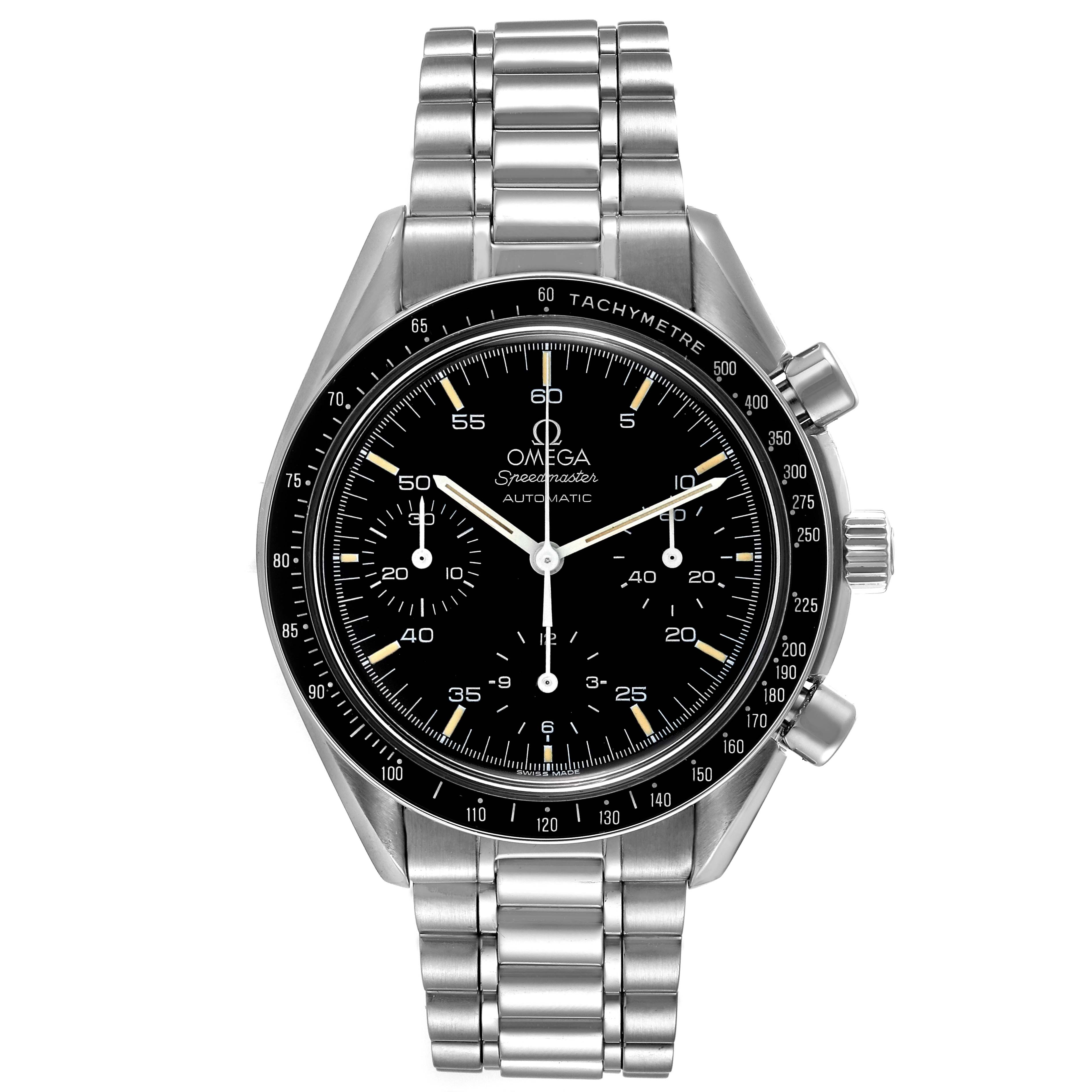 This image shows a frontal view of an Omega Speedmaster 3510.50.00 Men's Stainless Steel Black Dial 3510.50.00 Men's Stainless Steel Black Dial watch, showcasing its dial, bezel, and metal bracelet.