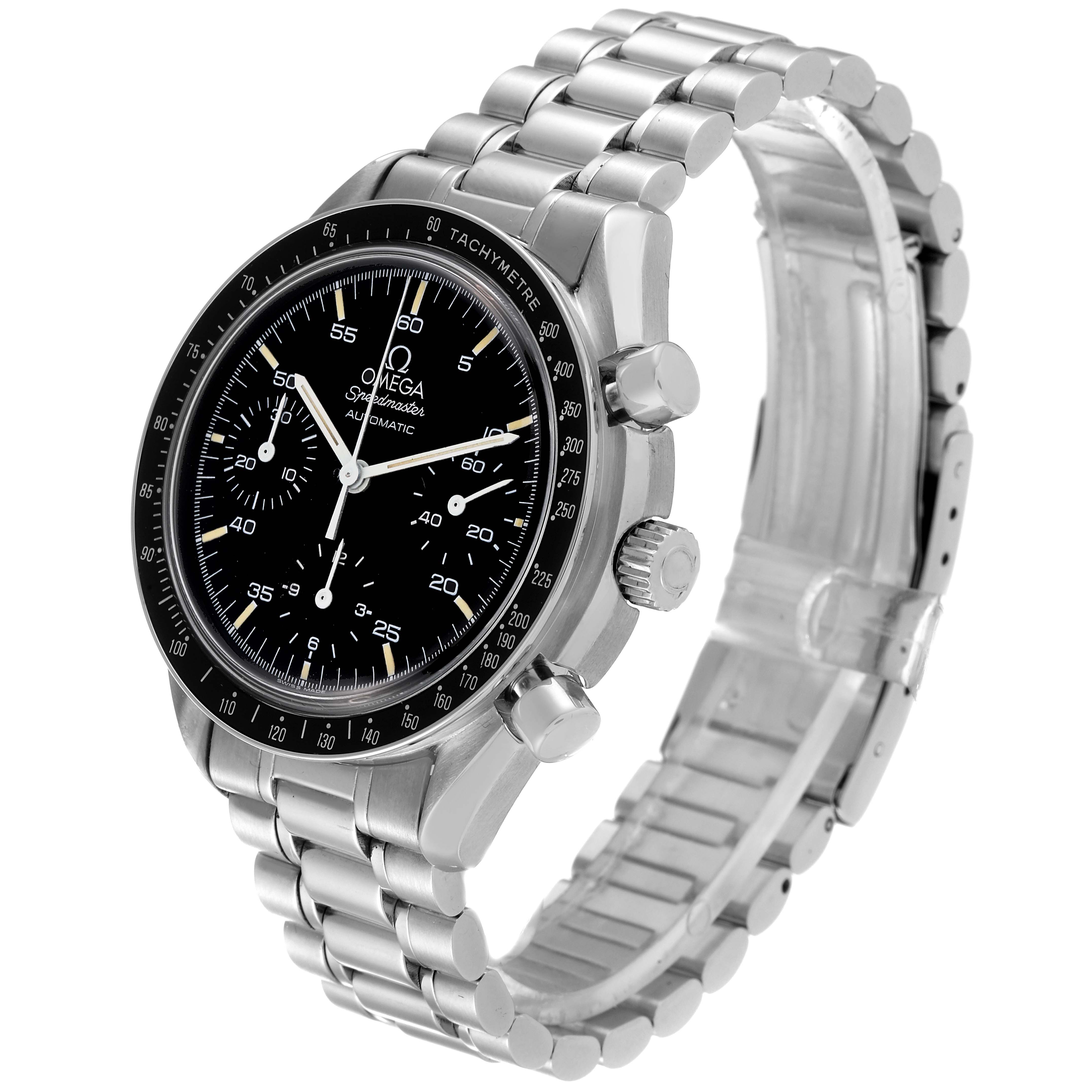 This image shows the Omega Speedmaster 3510.50.00 Men's Stainless Steel Black Dial 3510.50.00 Men's Stainless Steel Black Dial watch at a three-quarter angle, displaying its face, bezel, crown, chronograph pushers, and bracelet.