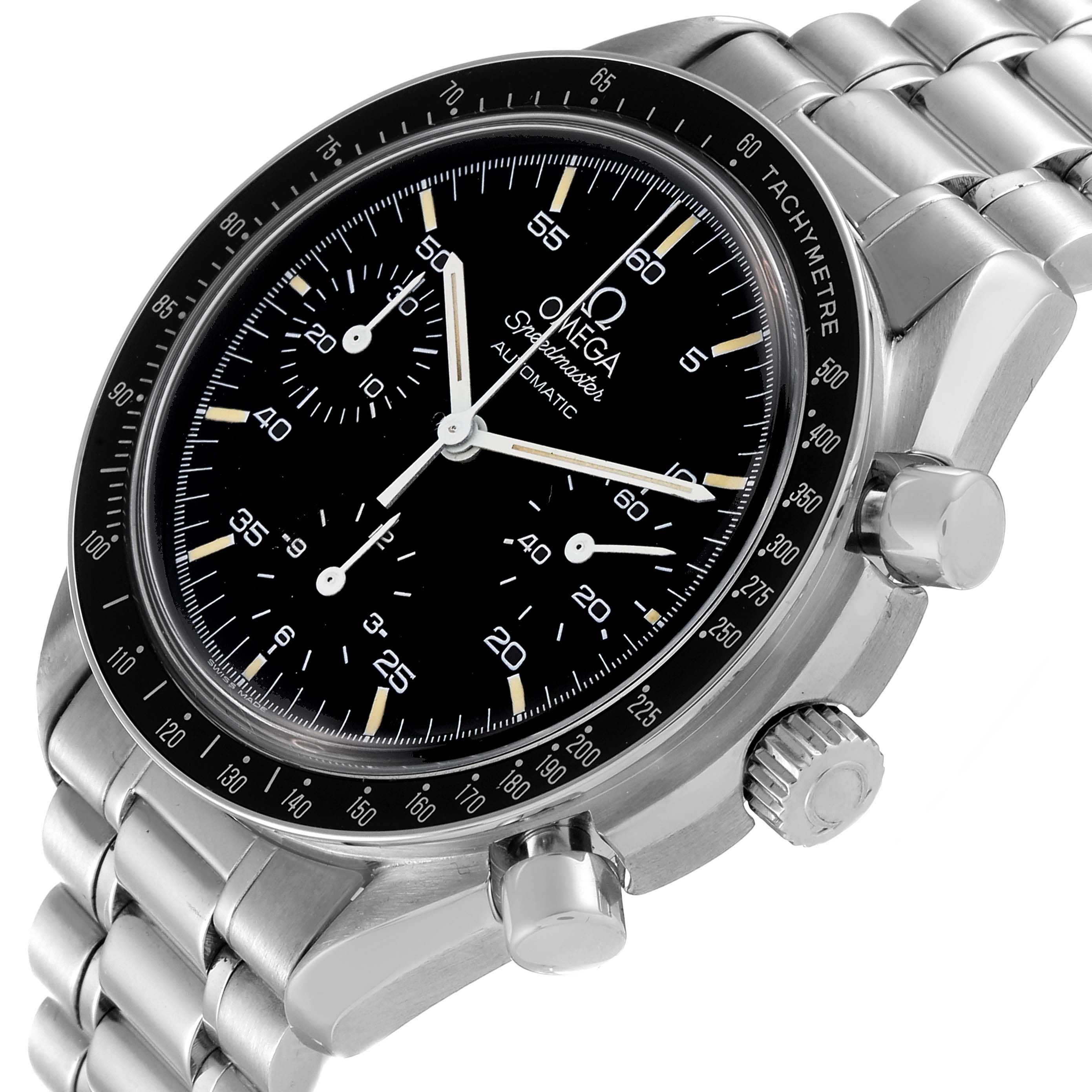 This Omega Speedmaster 3510.50.00 Men's Stainless Steel Black Dial 3510.50.00 Men's Stainless Steel Black Dial watch is shown from an oblique angle, highlighting the face, side buttons, and metal bracelet.
