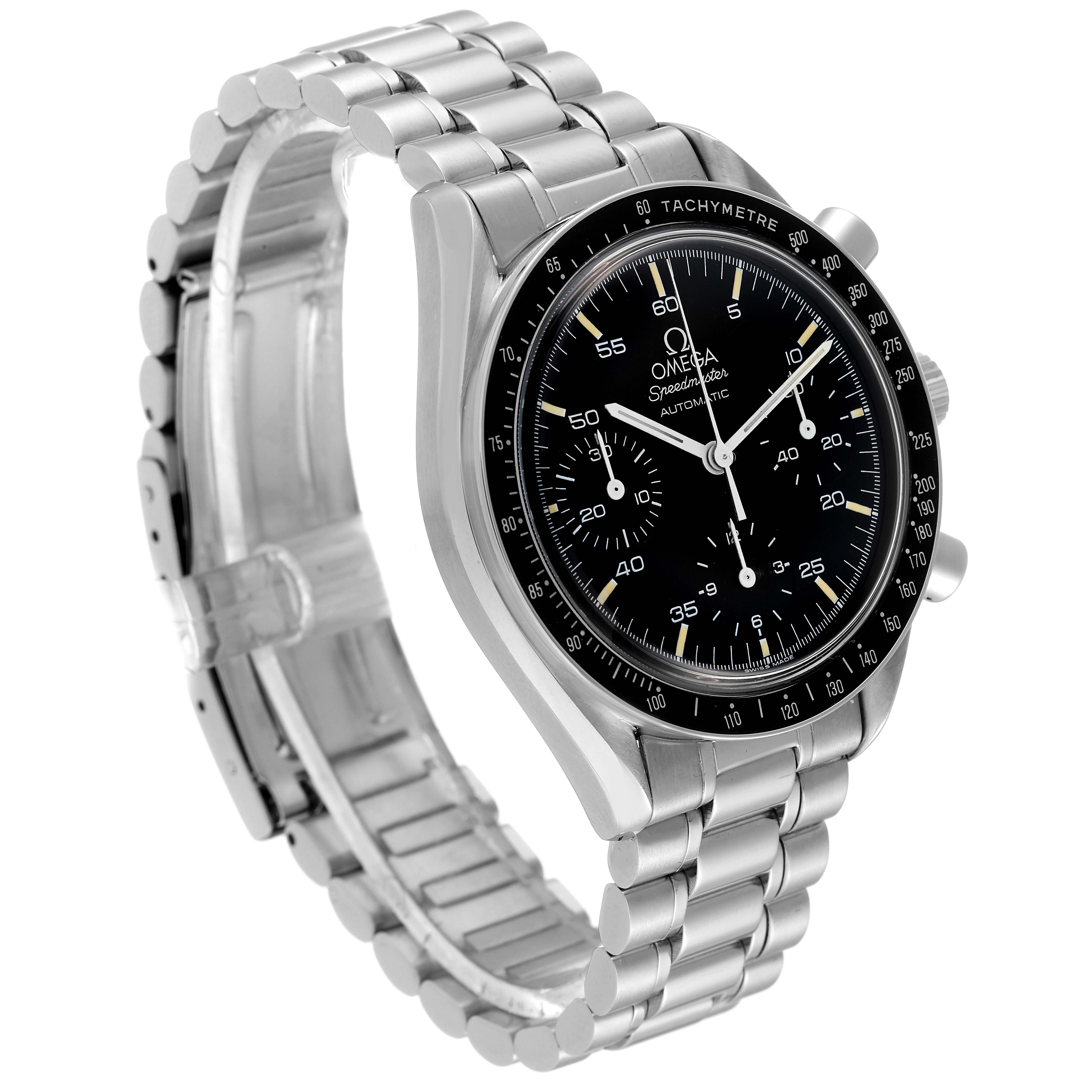 The image shows an Omega Speedmaster 3510.50.00 Men's Stainless Steel Black Dial 3510.50.00 Men's Stainless Steel Black Dial watch from a three-quarter angle, highlighting its silver bracelet, black dial, and tachymeter bezel.