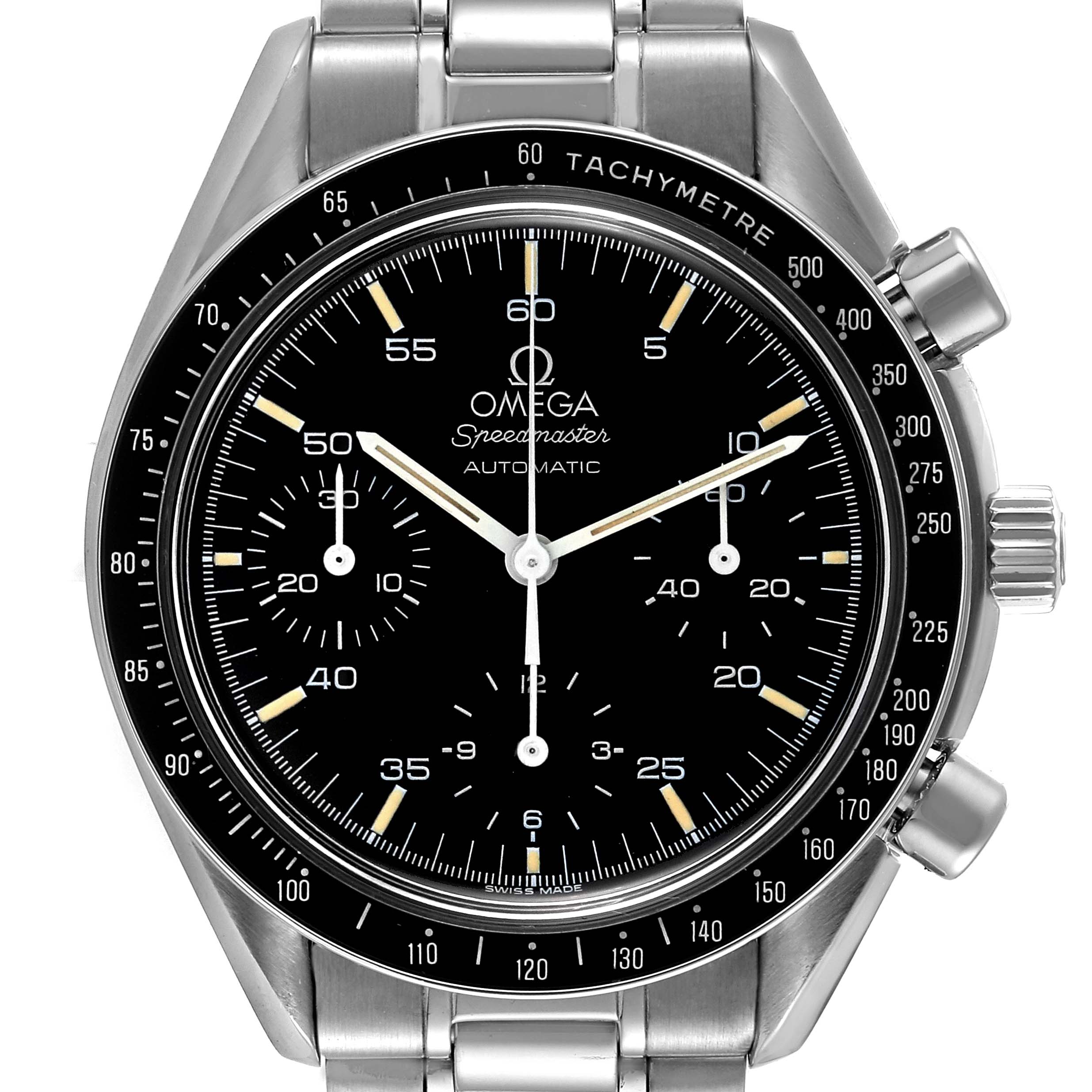 This Omega Speedmaster 3510.50.00 Men's Stainless Steel Black Dial 3510.50.00 Men's Stainless Steel Black Dial watch is shown from the front angle, displaying the dial, tachymeter bezel, and chronograph subdials.