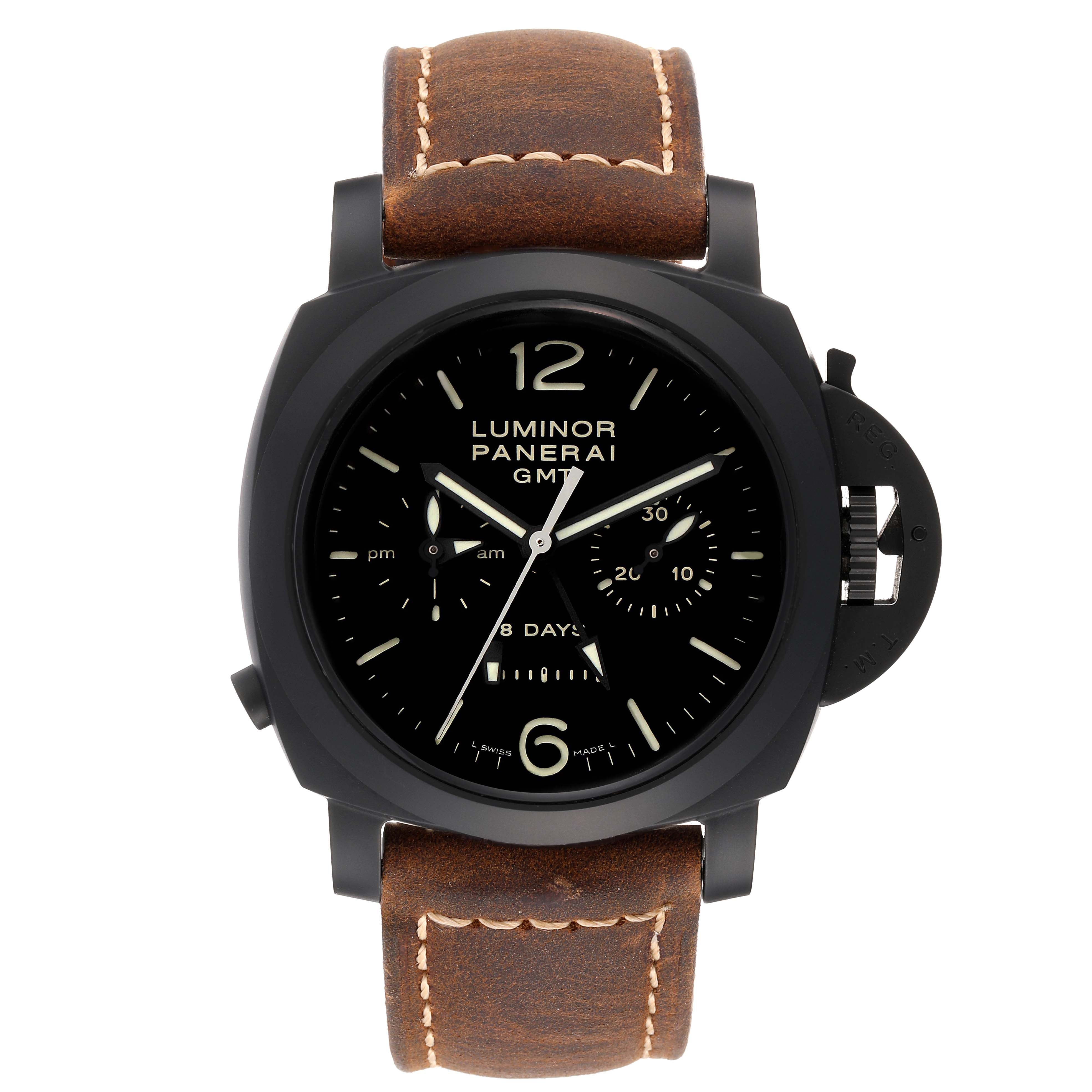 The image shows a front view of a Panerai Luminor PAM00317 Men's Ceramic Black Dial PAM00317 Men's Ceramic Black Dial GMT watch with a brown leather strap.
