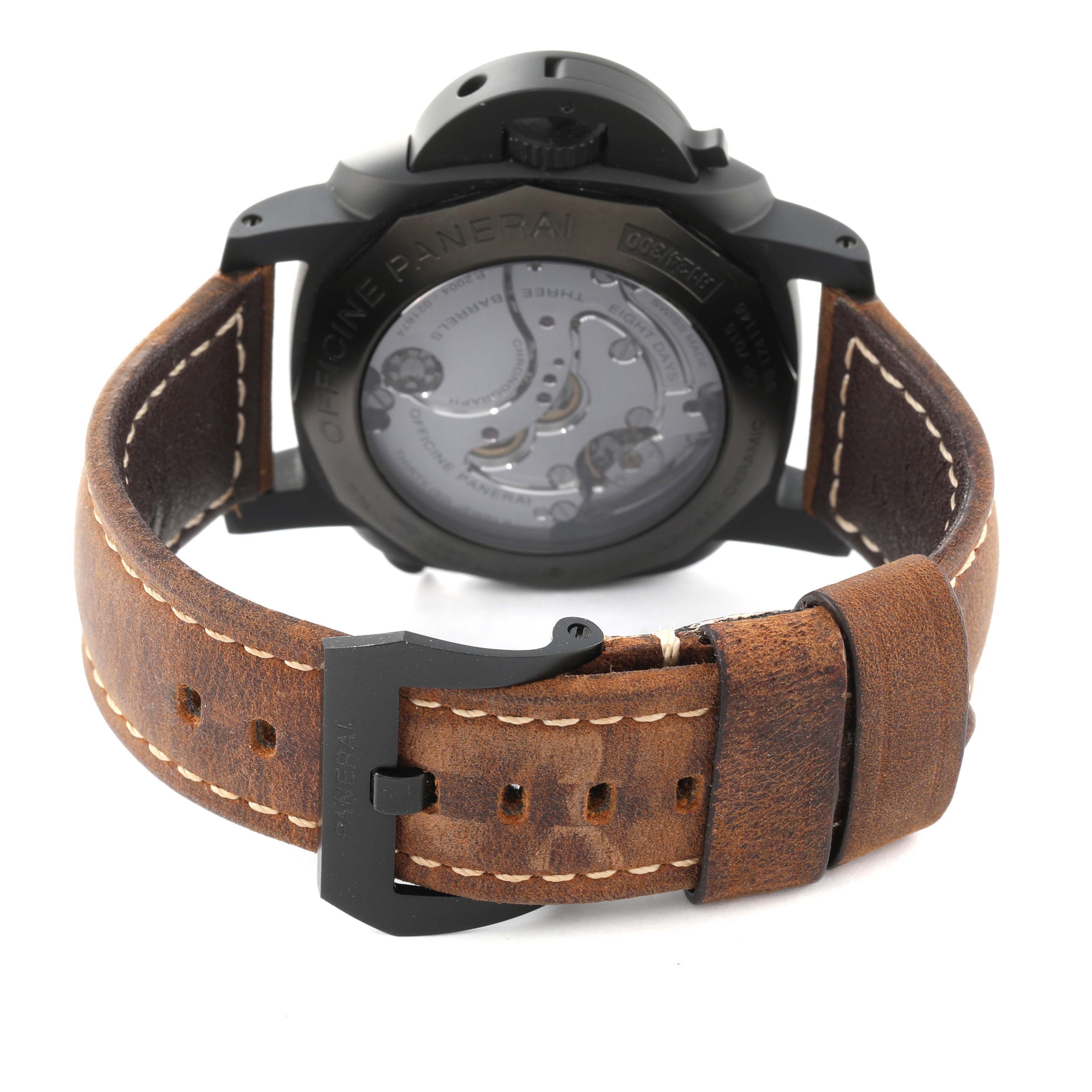This image shows the back view of a Panerai Luminor PAM00317 Men's Ceramic Black Dial PAM00317 Men's Ceramic Black Dial watch, focusing on the caseback and leather strap with buckle.