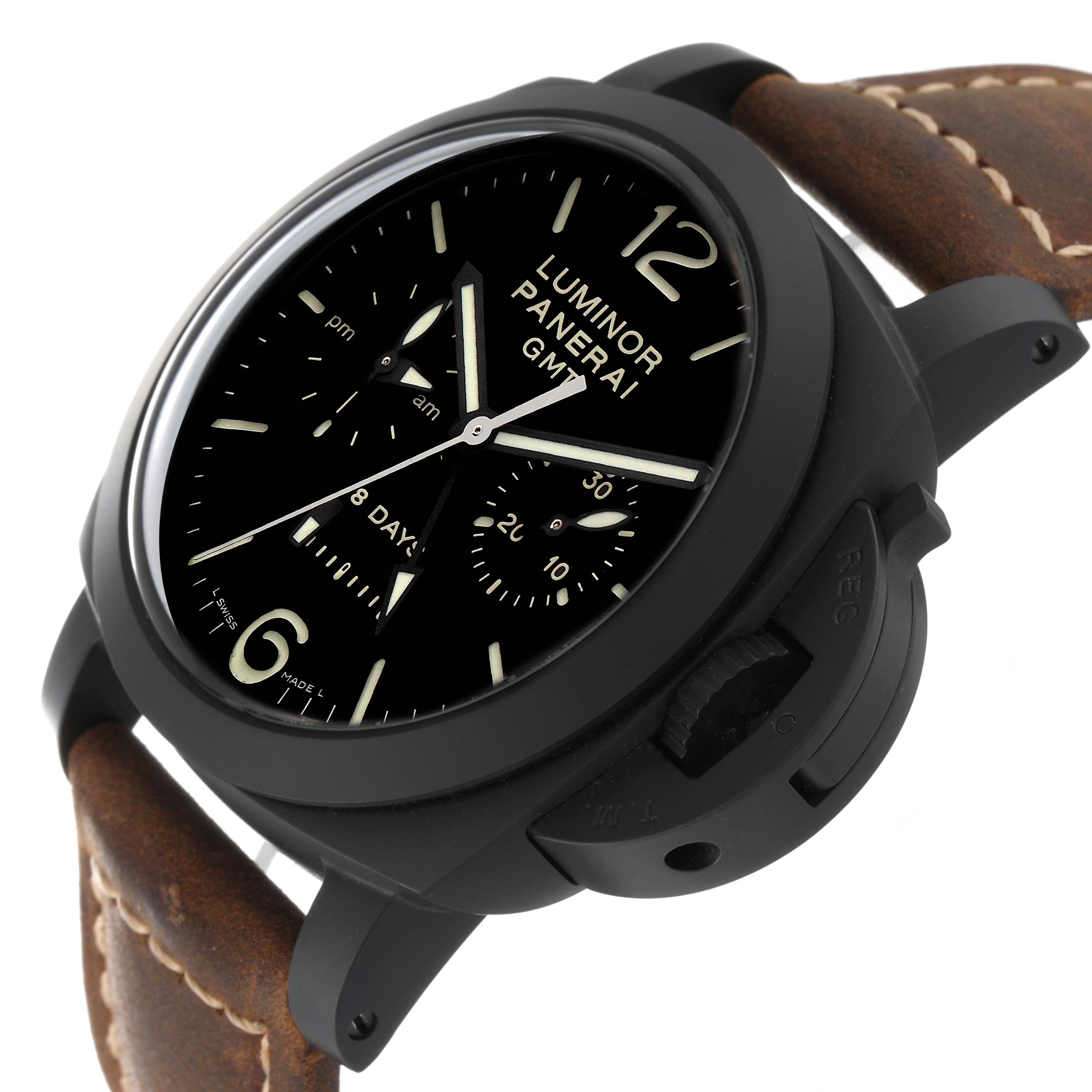 This image shows a Panerai Luminor PAM00317 Men's Ceramic Black Dial PAM00317 Men's Ceramic Black Dial watch at a slightly tilted angle, highlighting the face, crown, and brown leather strap.