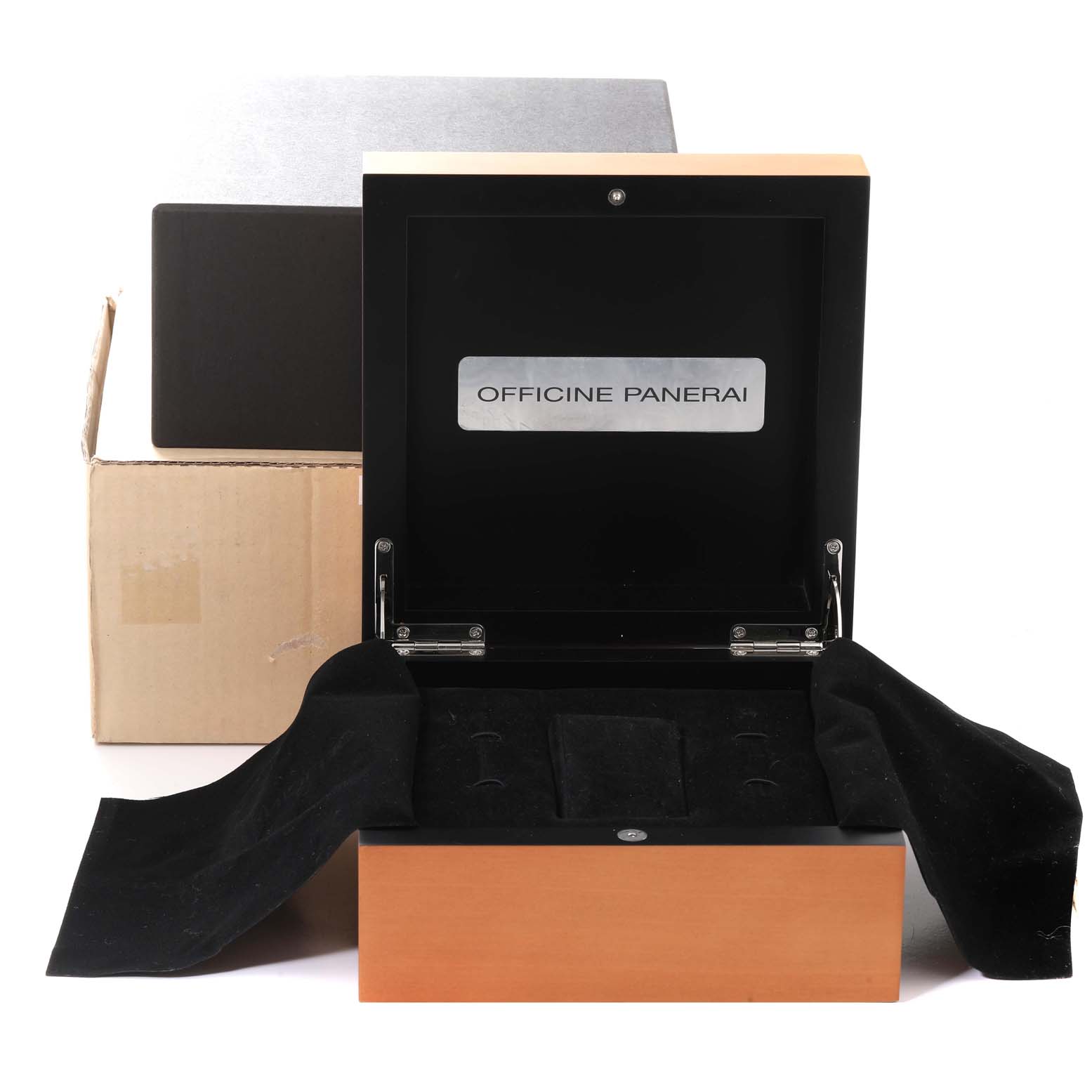 The image shows an open Panerai Luminor PAM00317 Men's Ceramic Black Dial PAM00317 Men's Ceramic Black Dial watch box from a front angle, revealing the storage inside.