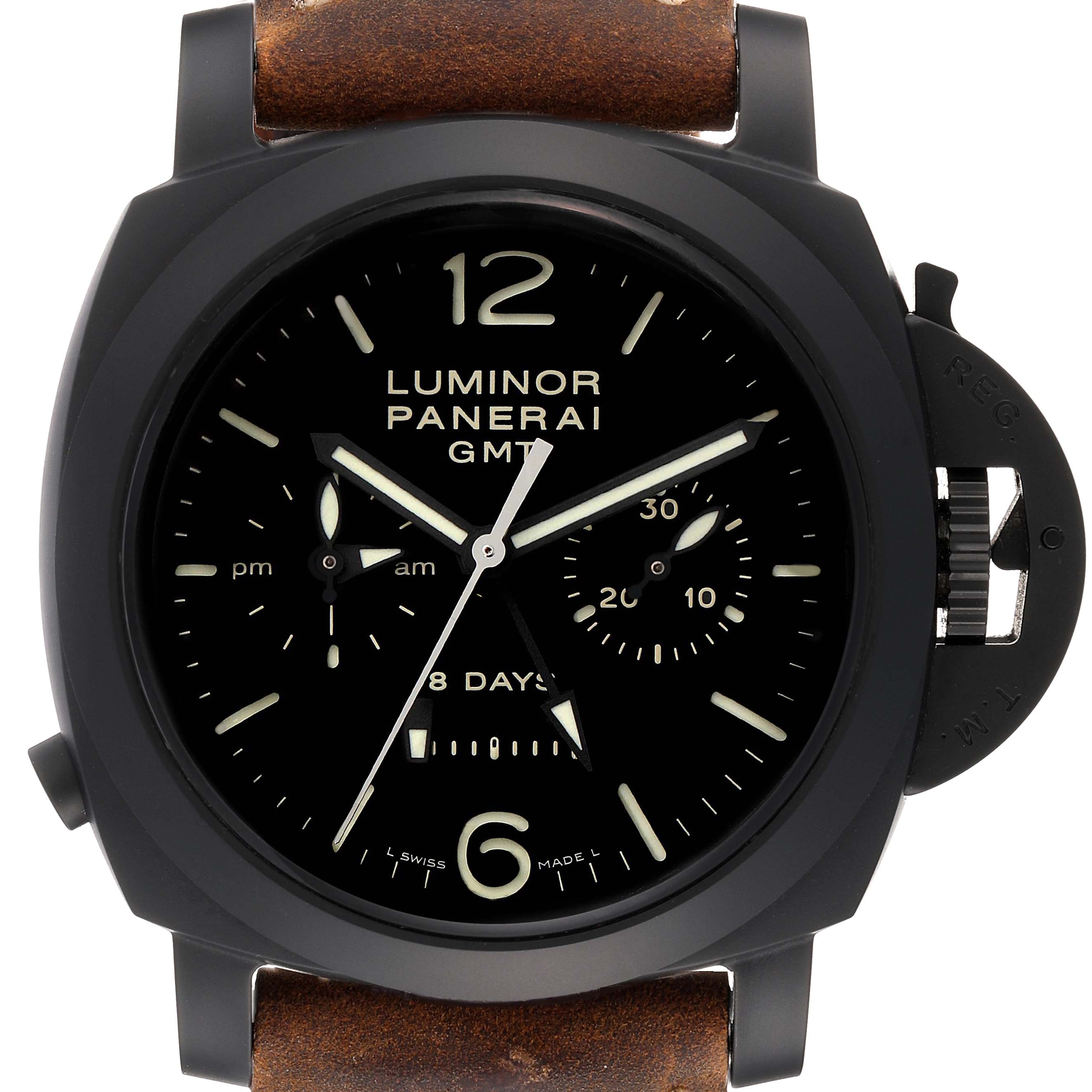 The image shows a front view of a Panerai Luminor PAM00317 Men's Ceramic Black Dial PAM00317 Men's Ceramic Black Dial GMT watch, displaying the dial, crown guard, and leather strap.