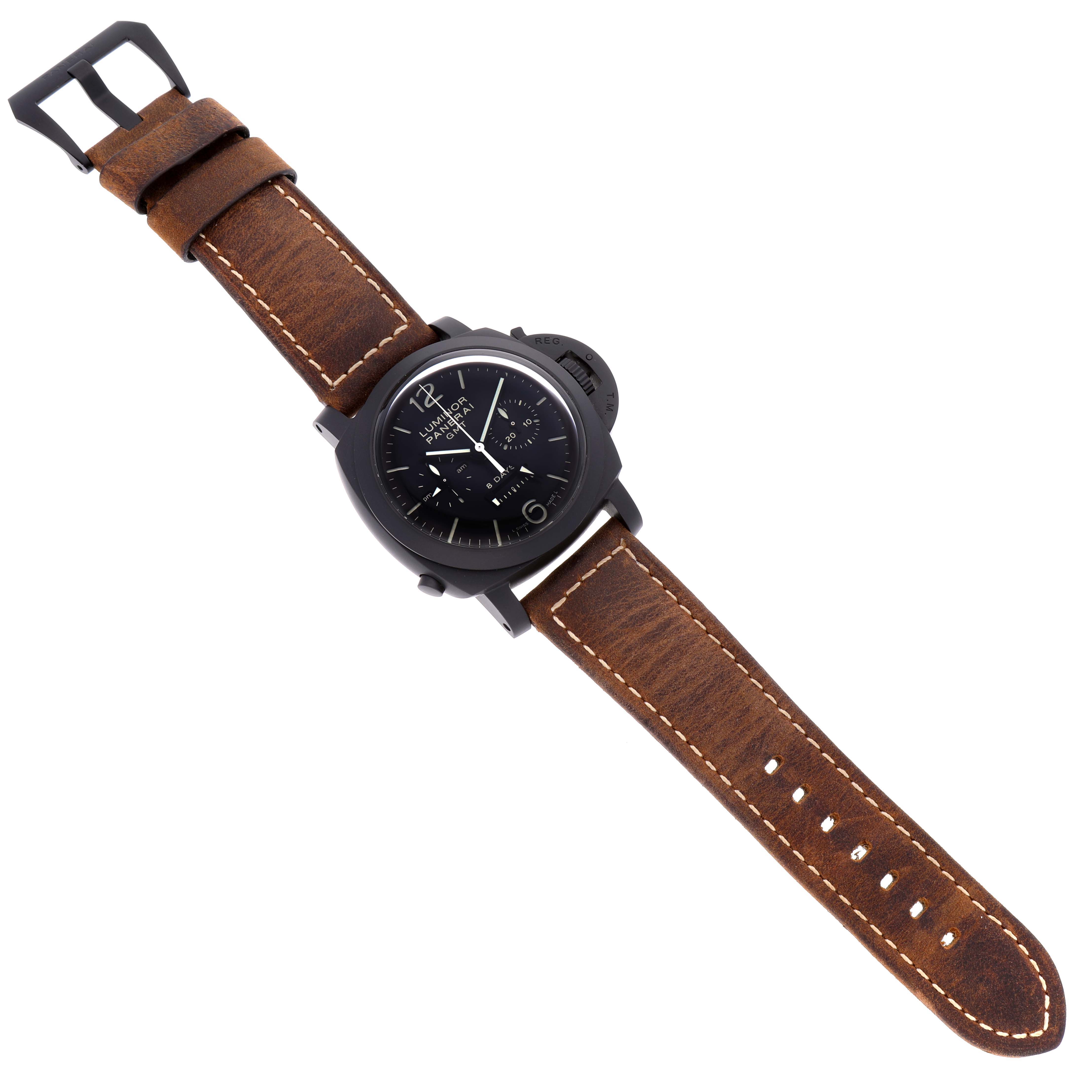 This image shows a top view of a Panerai Luminor PAM00317 Men's Ceramic Black Dial PAM00317 Men's Ceramic Black Dial watch with a brown leather strap and a black dial.