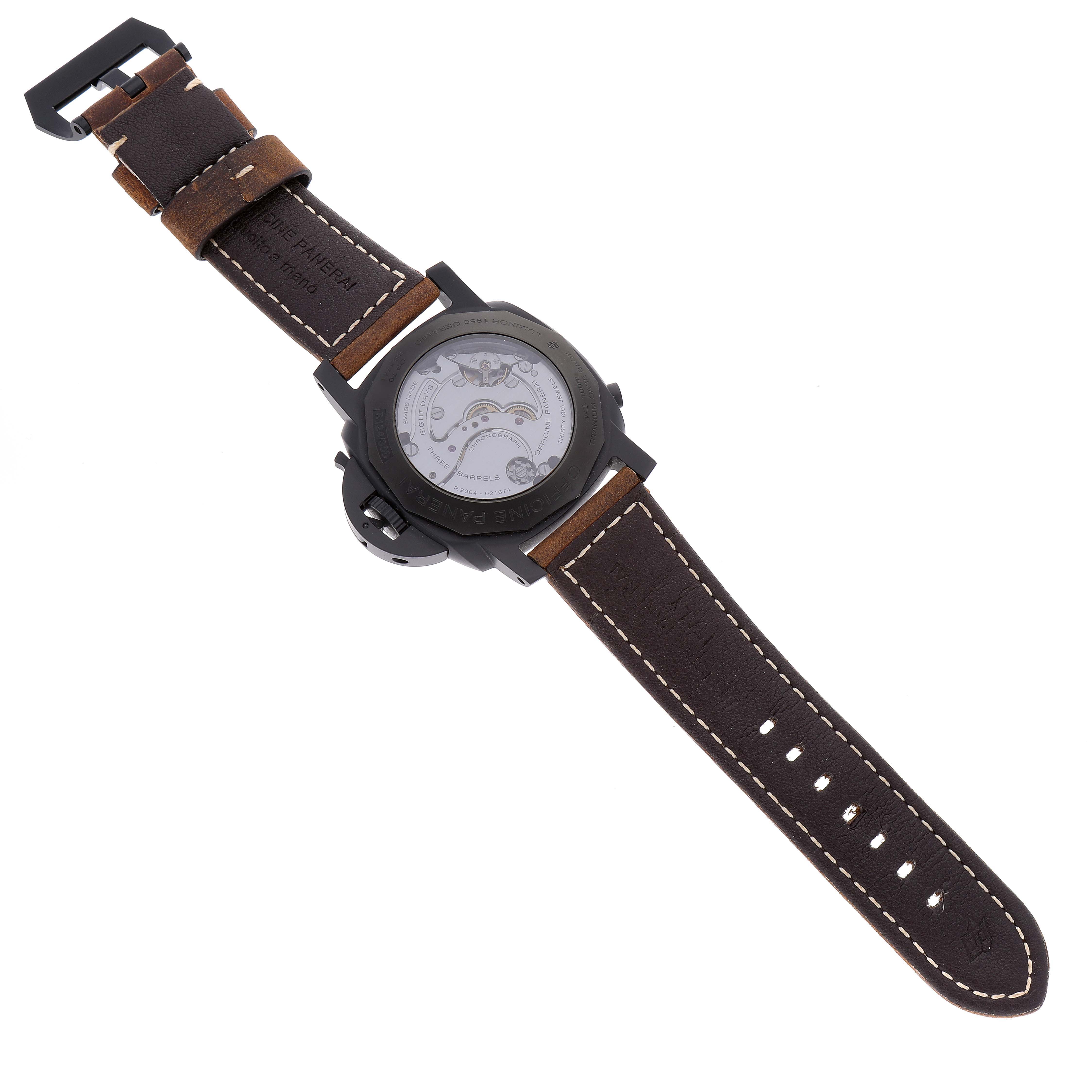 The image shows the back view of a Panerai Luminor PAM00317 Men's Ceramic Black Dial PAM00317 Men's Ceramic Black Dial watch, highlighting its strap and movement.