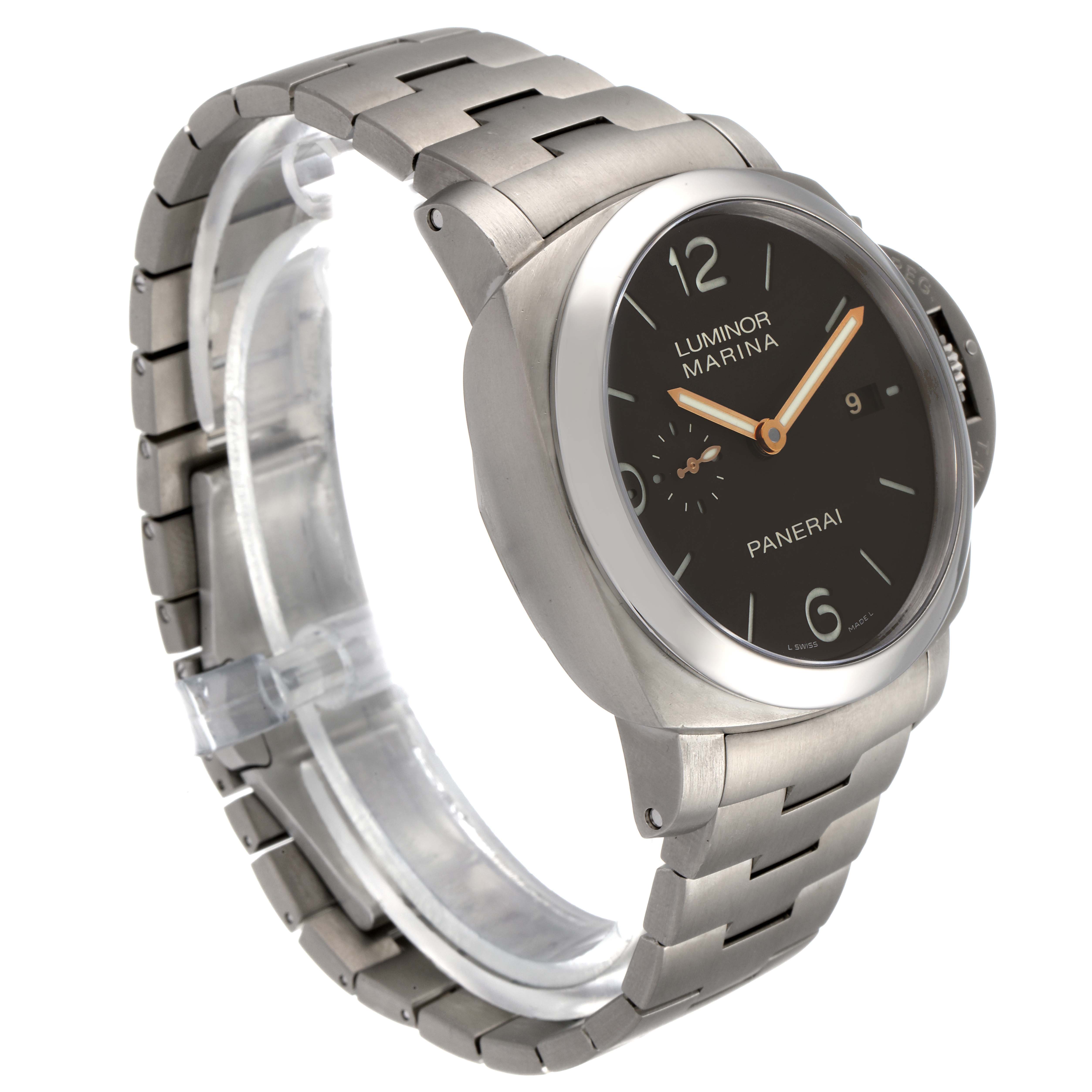 The image shows a Panerai Luminor PAM00352 Men's Titanium Brown Dial PAM00352 Men's Titanium Brown Dial Marina watch at an angled side view, highlighting the stainless steel case and bracelet.