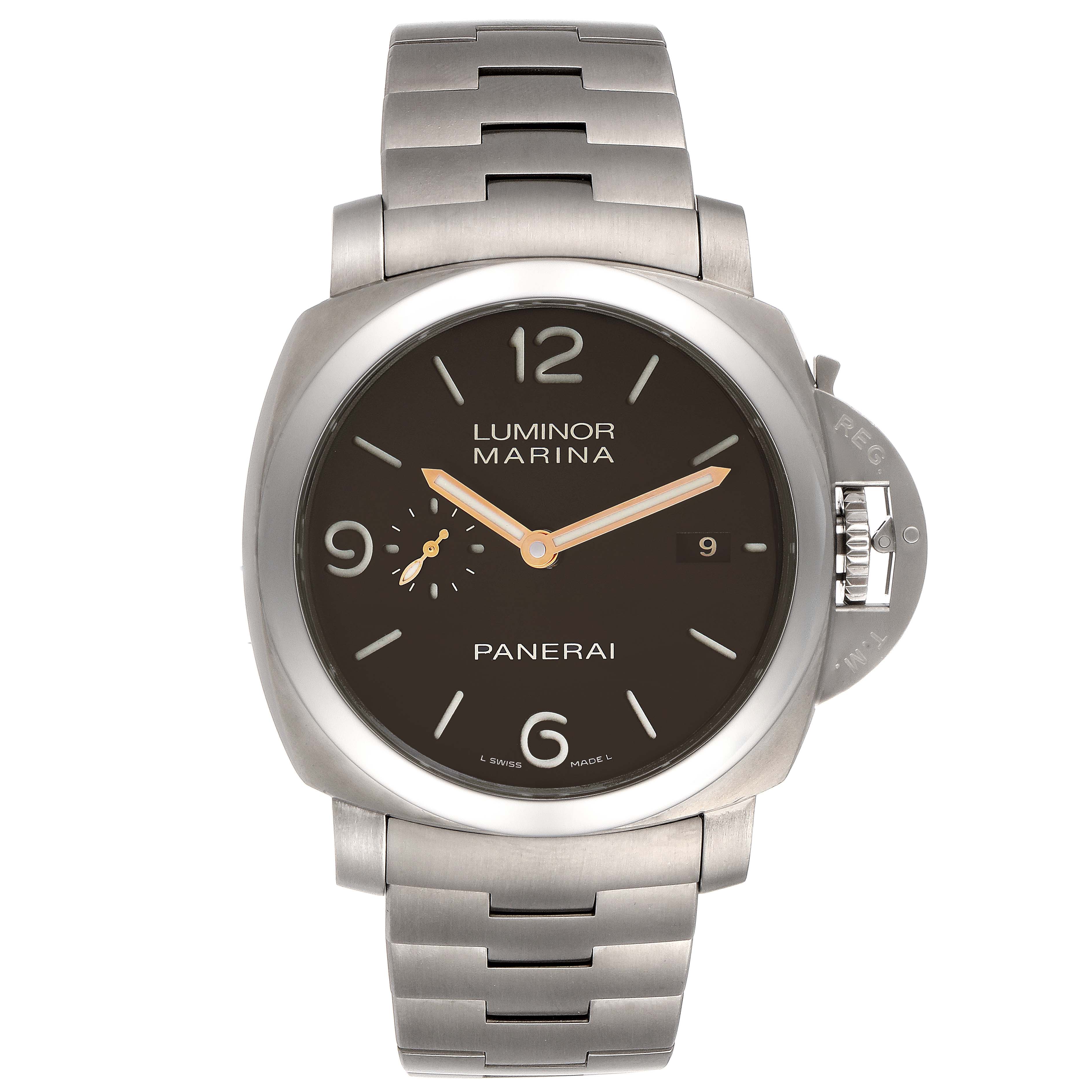 The image shows a front view of a Panerai Luminor PAM00352 Men's Titanium Brown Dial PAM00352 Men's Titanium Brown Dial Marina watch, highlighting the dial and stainless steel bracelet.