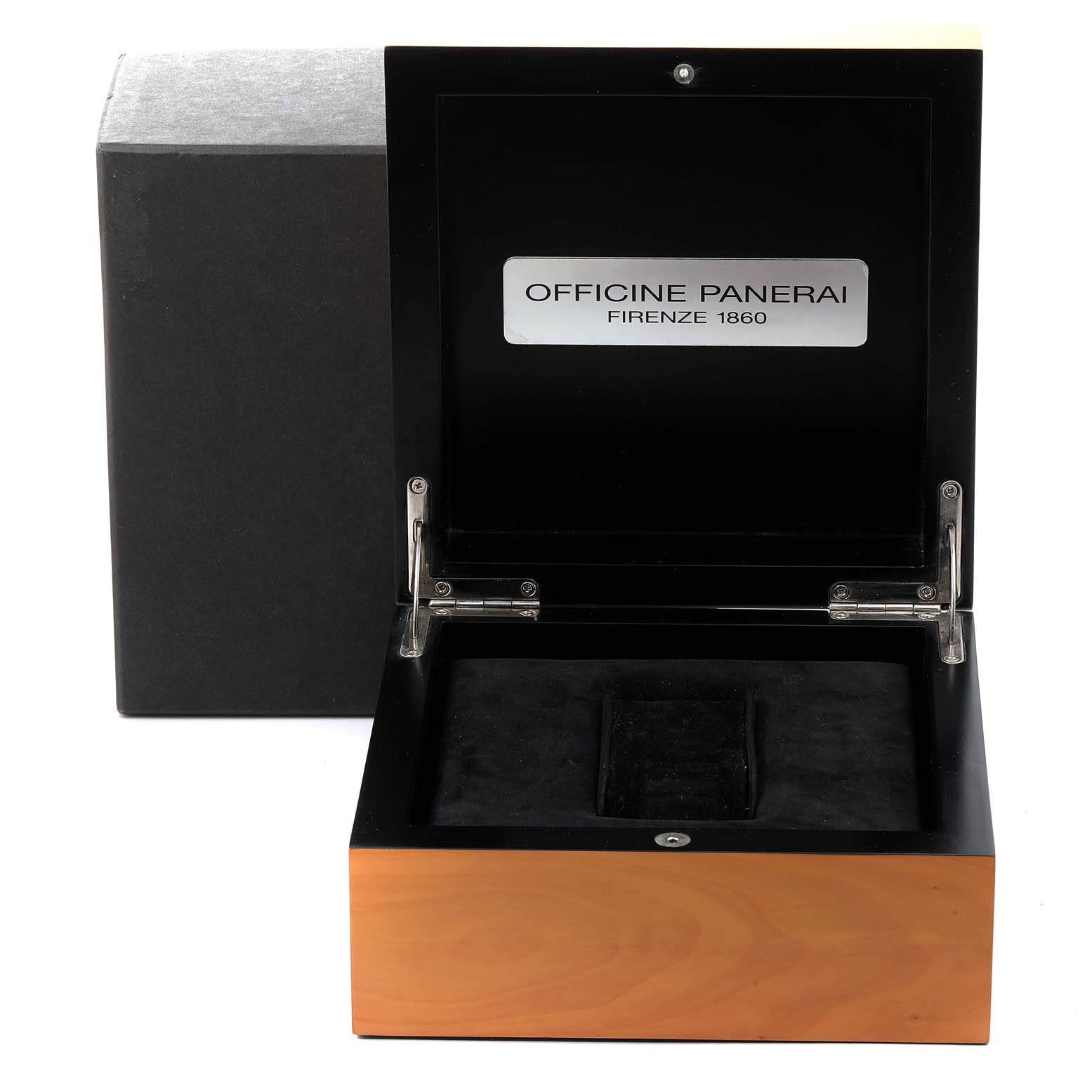 This image shows an open wooden box for the Panerai Luminor PAM00352 Men's Titanium Brown Dial PAM00352 Men's Titanium Brown Dial watch, with the brand's logo inside the lid.