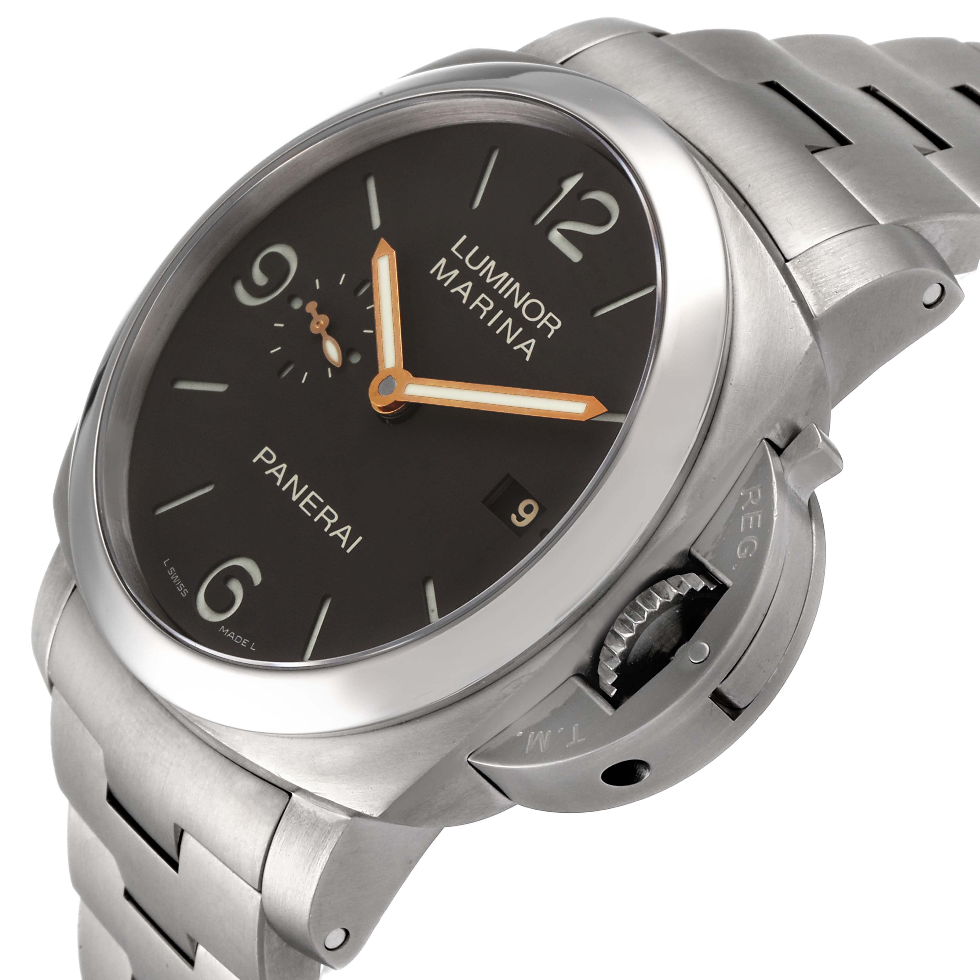 This image shows a close-up angle of the Panerai Luminor PAM00352 Men's Titanium Brown Dial PAM00352 Men's Titanium Brown Dial watch face, case, crown, and bracelet.