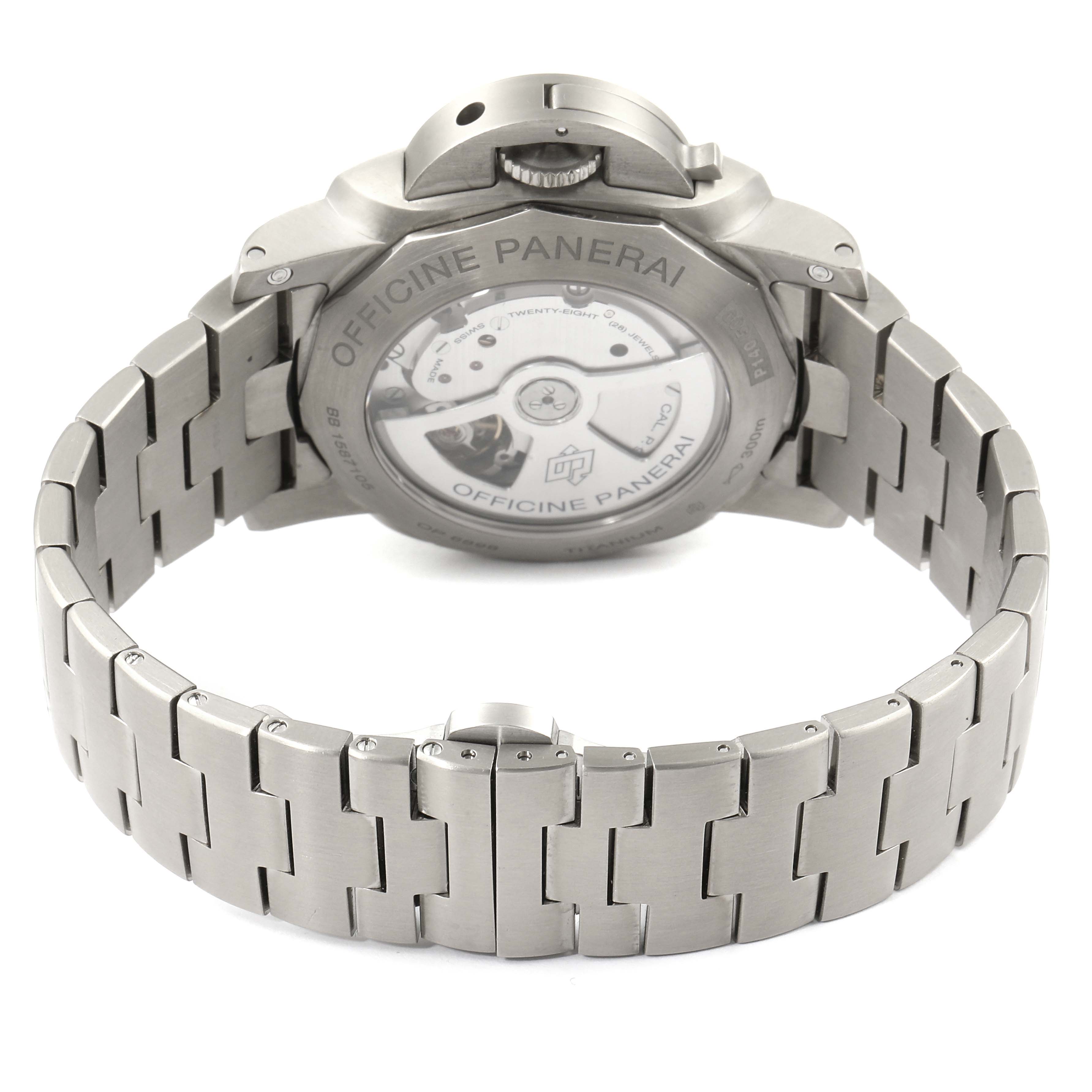 This image shows the back view of a Panerai Luminor PAM00352 Men's Titanium Brown Dial PAM00352 Men's Titanium Brown Dial watch, highlighting its transparent case back and metal bracelet.