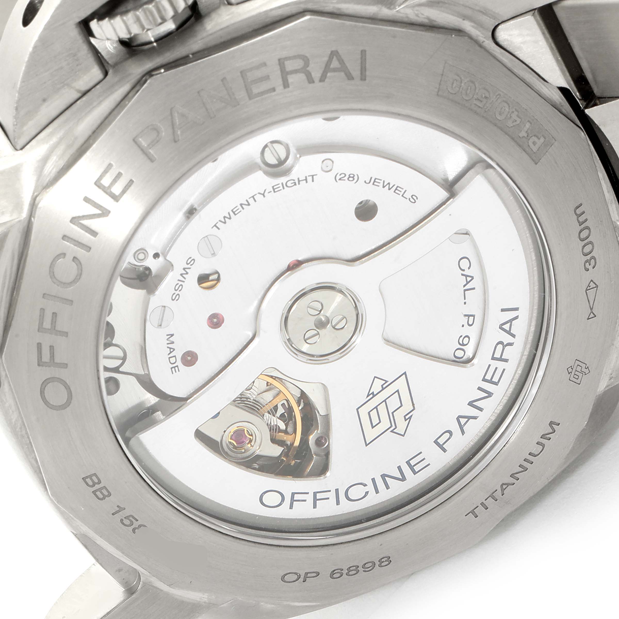 The image shows the back view of a Panerai Luminor PAM00352 Men's Titanium Brown Dial PAM00352 Men's Titanium Brown Dial watch, highlighting the internal mechanism and engraved inscriptions.