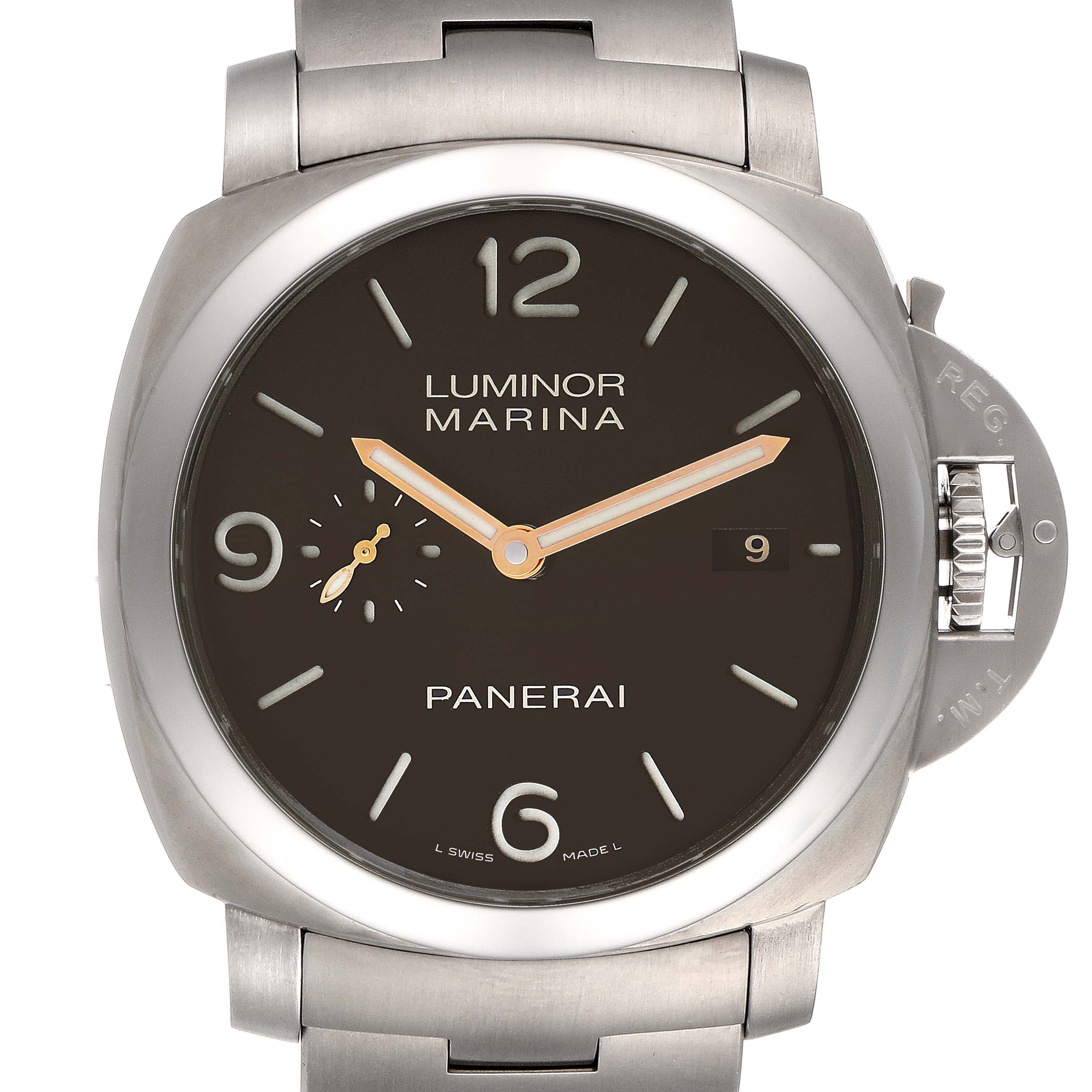 This image shows a front view of the Panerai Luminor PAM00352 Men's Titanium Brown Dial PAM00352 Men's Titanium Brown Dial Marina watch, displaying its face, dial, and part of the bracelet.