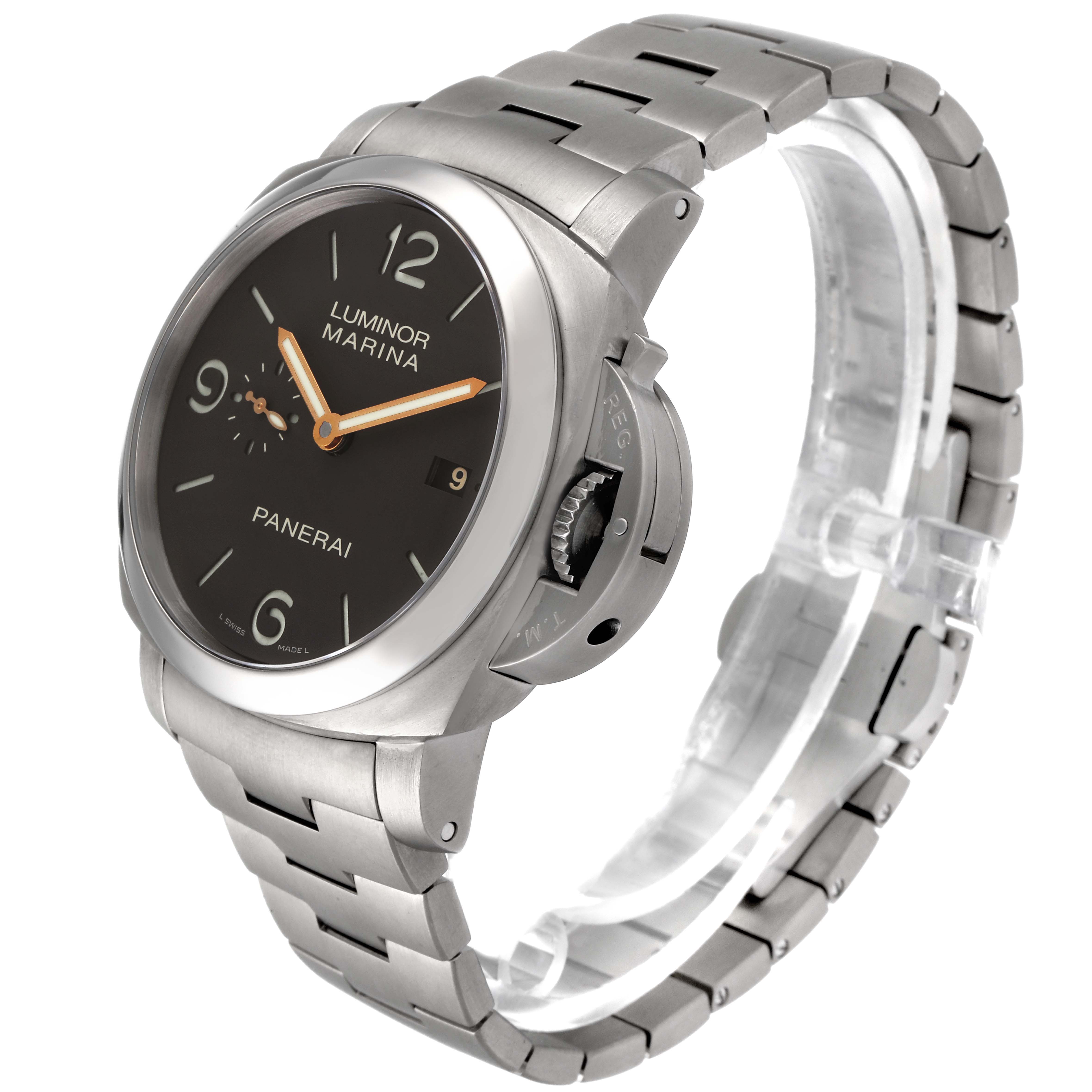 The Panerai Luminor PAM00352 Men's Titanium Brown Dial PAM00352 Men's Titanium Brown Dial watch is shown at a slight angle displaying the face, crown guard, and metal bracelet.
