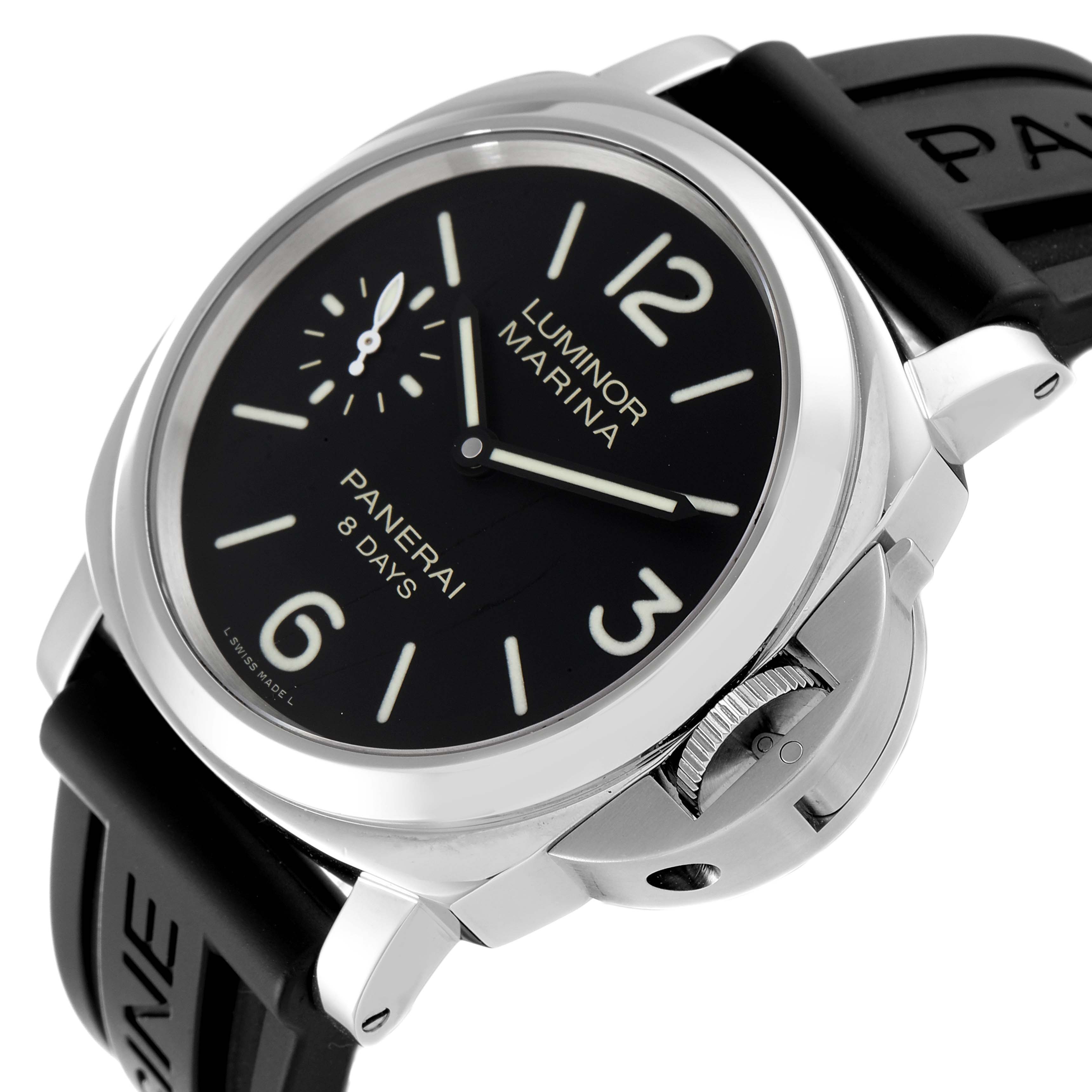 The image shows a Panerai Luminor PAM00510 Men
s Stainless Steel Black Dial PAM00510 Men
s Stainless Steel Black Dial watch at an angled front view, highlighting its dial, crown guard, and black strap.