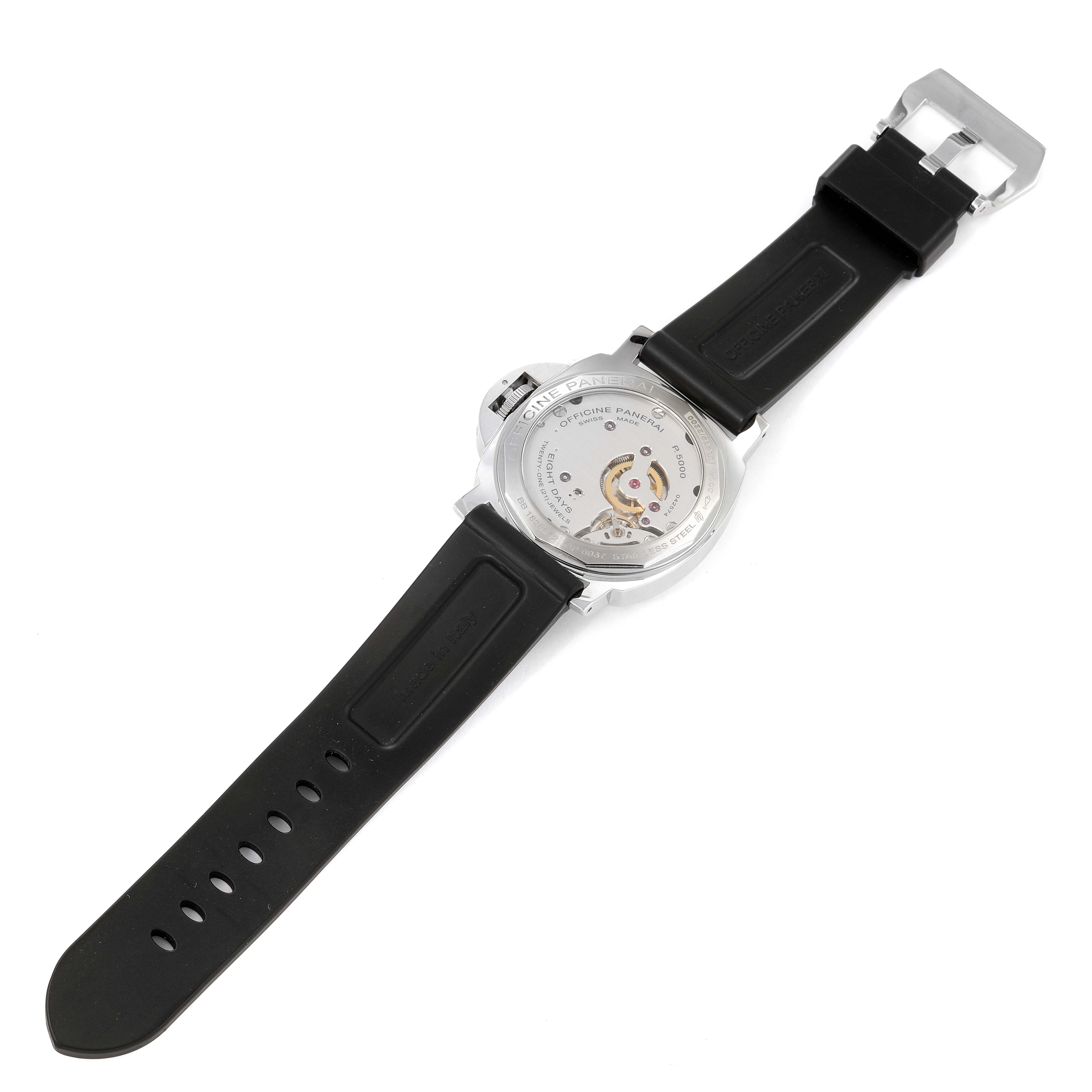 This image shows the back view of a Panerai Luminor PAM00510 Men
s Stainless Steel Black Dial PAM00510 Men
s Stainless Steel Black Dial watch, highlighting its case back and movement inside.