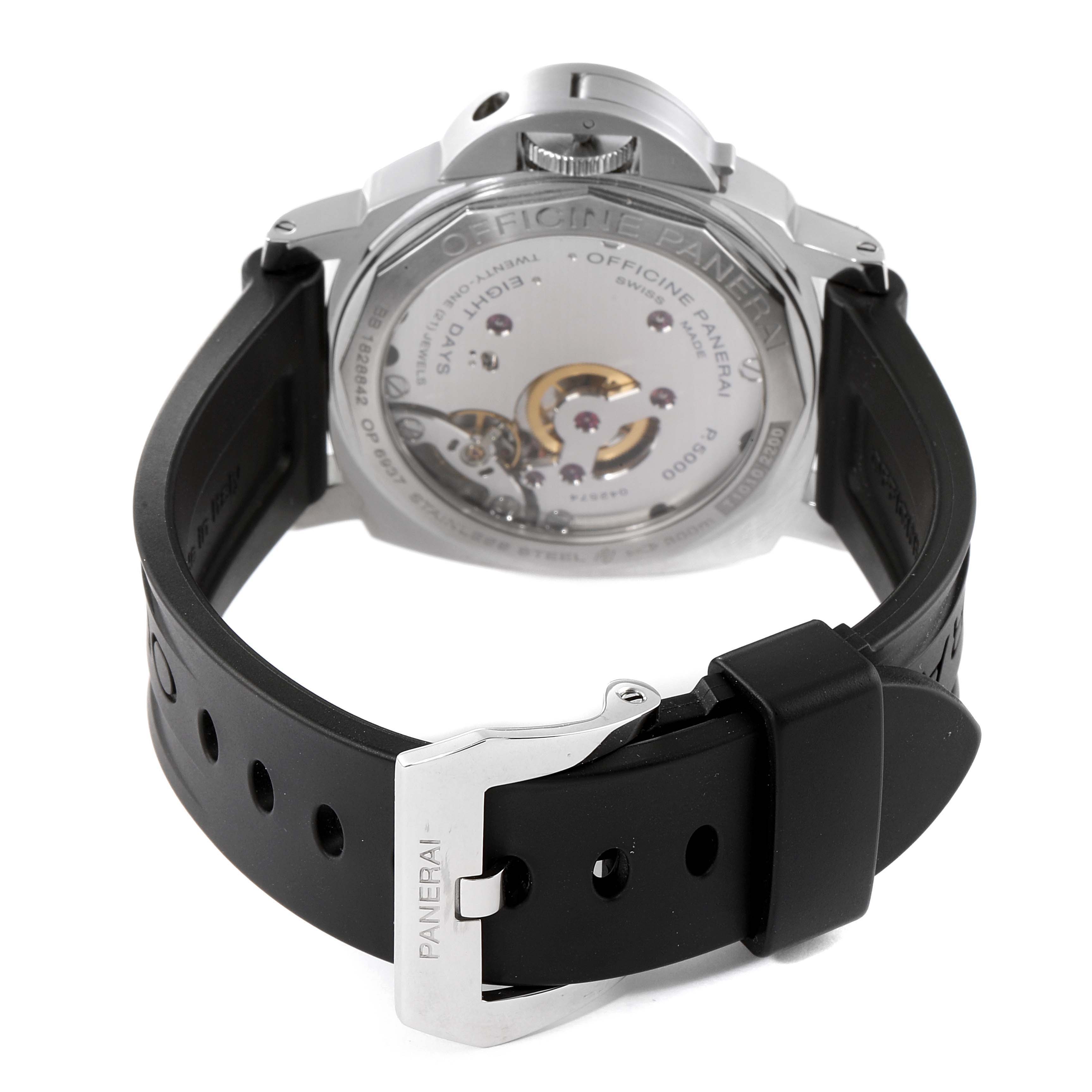 The image shows the back view of a Panerai Luminor PAM00510 Men
s Stainless Steel Black Dial PAM00510 Men
s Stainless Steel Black Dial watch, highlighting the transparent case back and black rubber strap with a buckle.