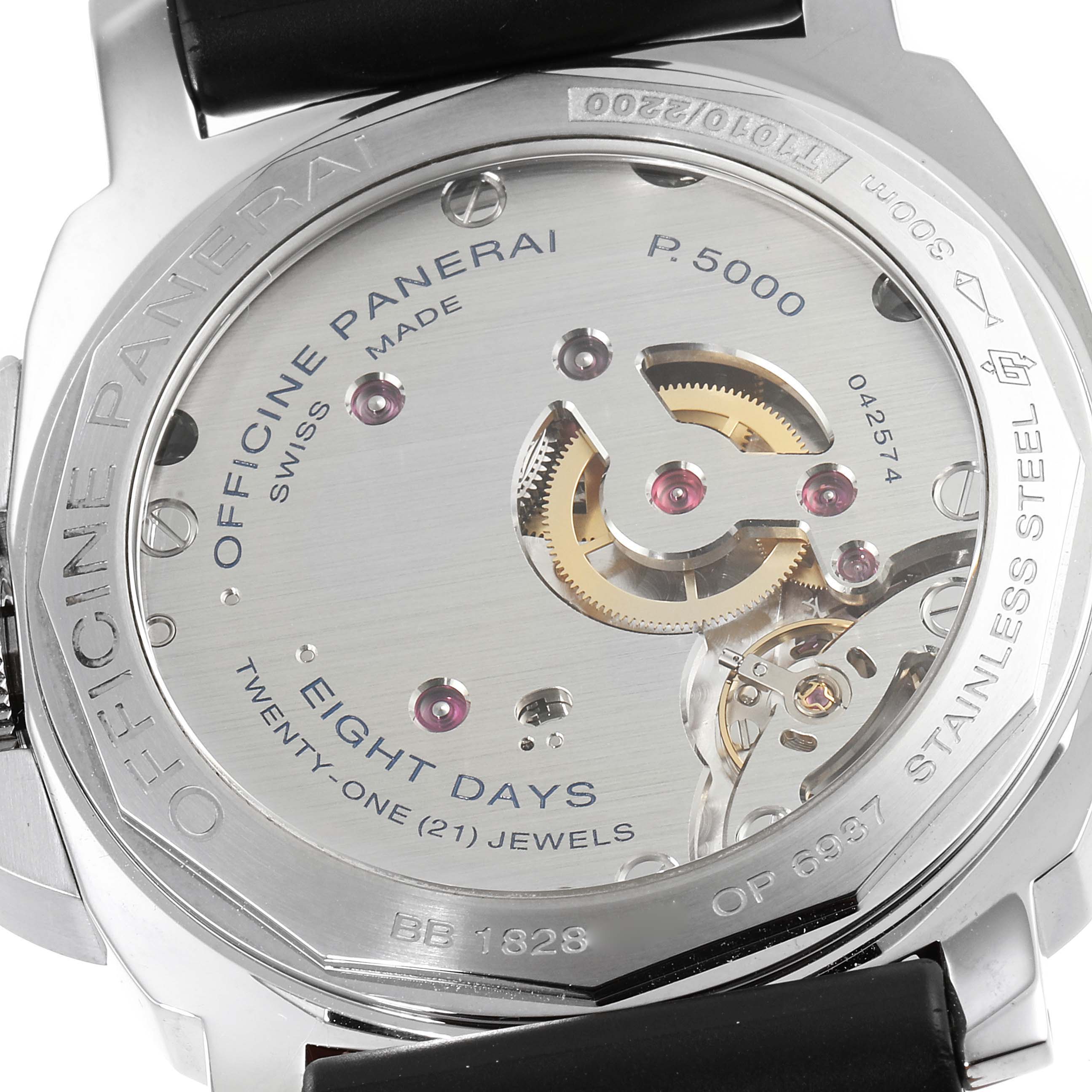 The image shows the back view of the Panerai Luminor PAM00510 Men
s Stainless Steel Black Dial PAM00510 Men
s Stainless Steel Black Dial watch model, revealing its movement and internal mechanics.