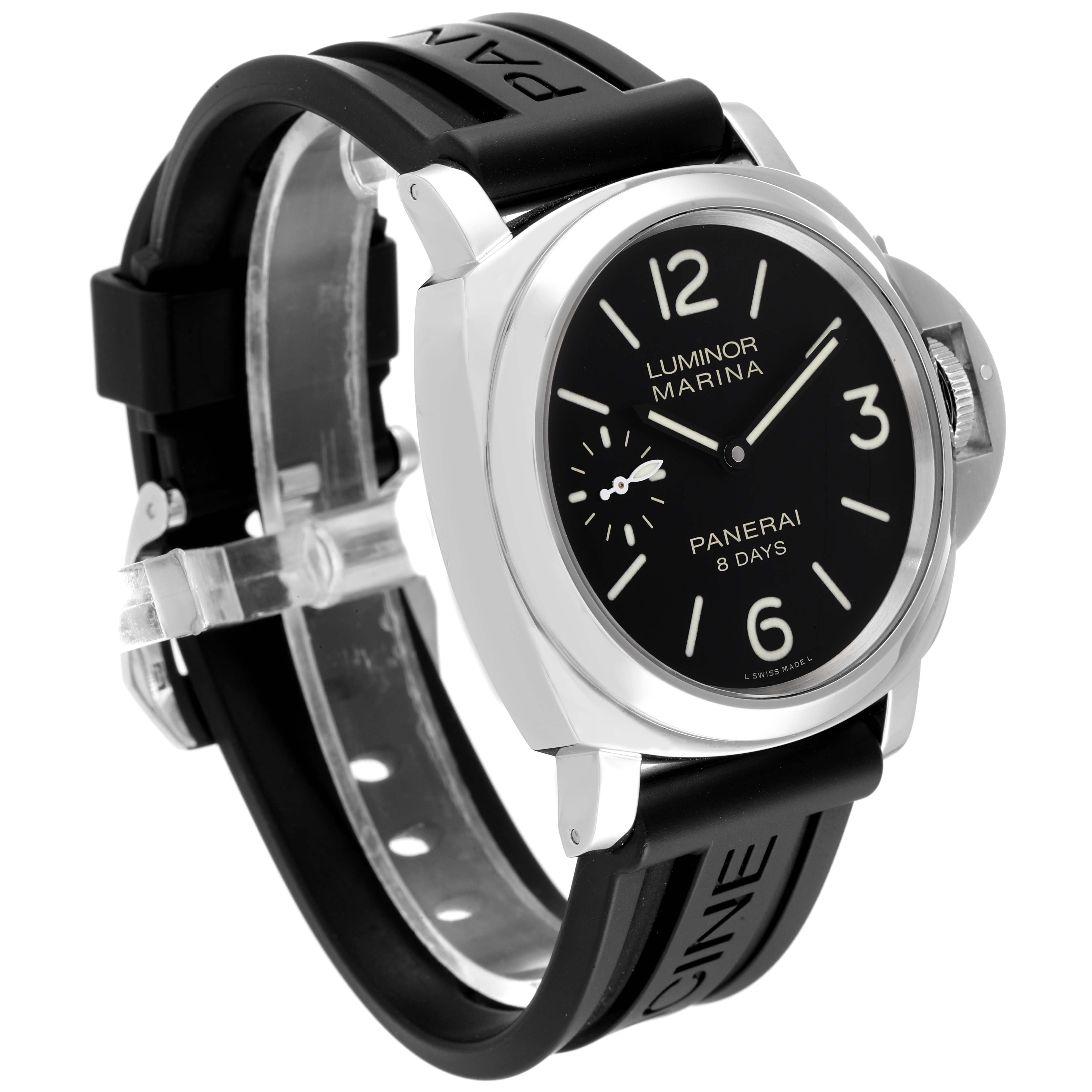 The image shows a Panerai Luminor PAM00510 Men
s Stainless Steel Black Dial PAM00510 Men
s Stainless Steel Black Dial model watch angled from the front-left, highlighting the dial, case, and black rubber strap.