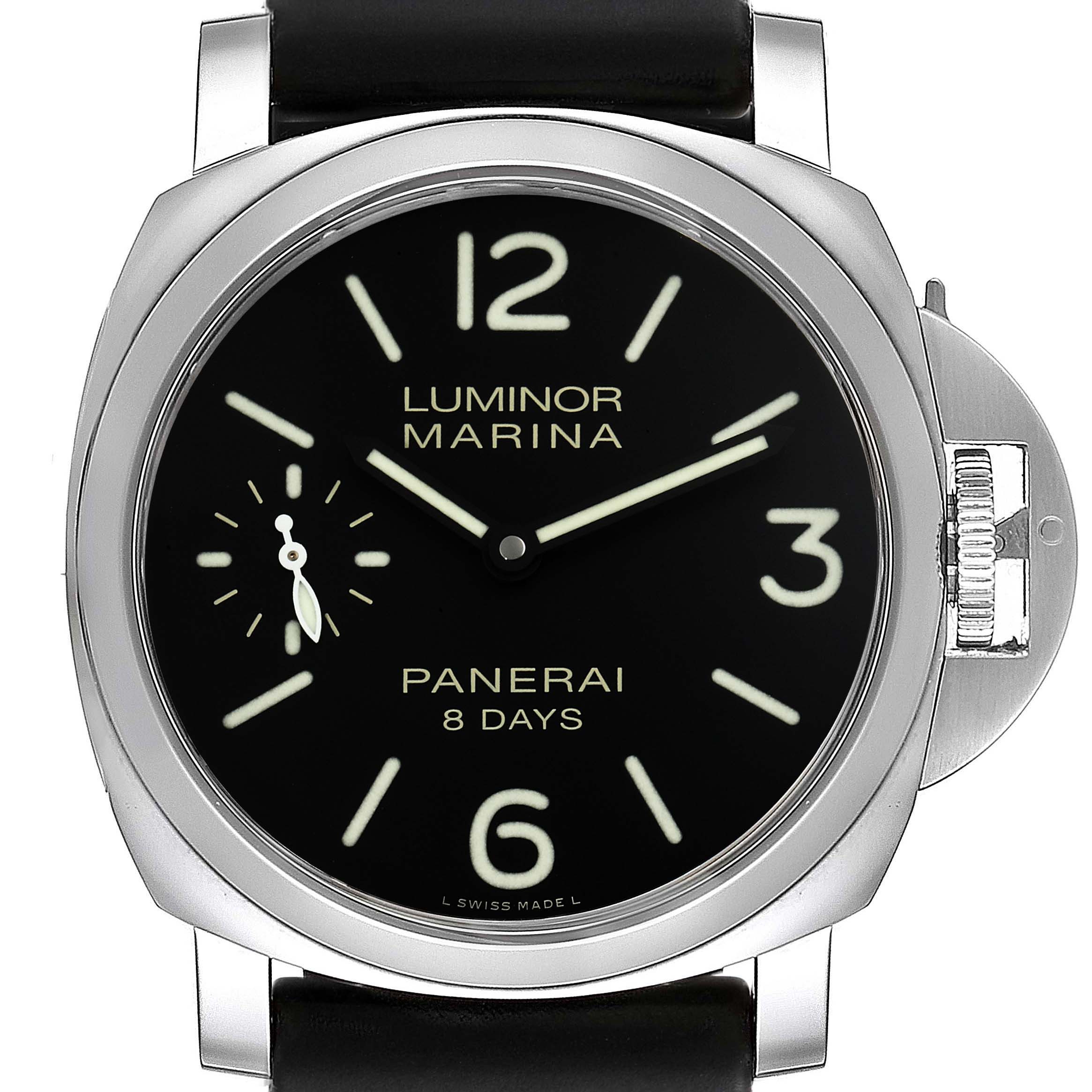 The image shows a front view of a Panerai Luminor PAM00510 Men
s Stainless Steel Black Dial PAM00510 Men
s Stainless Steel Black Dial Marina watch, featuring a black dial and luminescent numerals and hands.