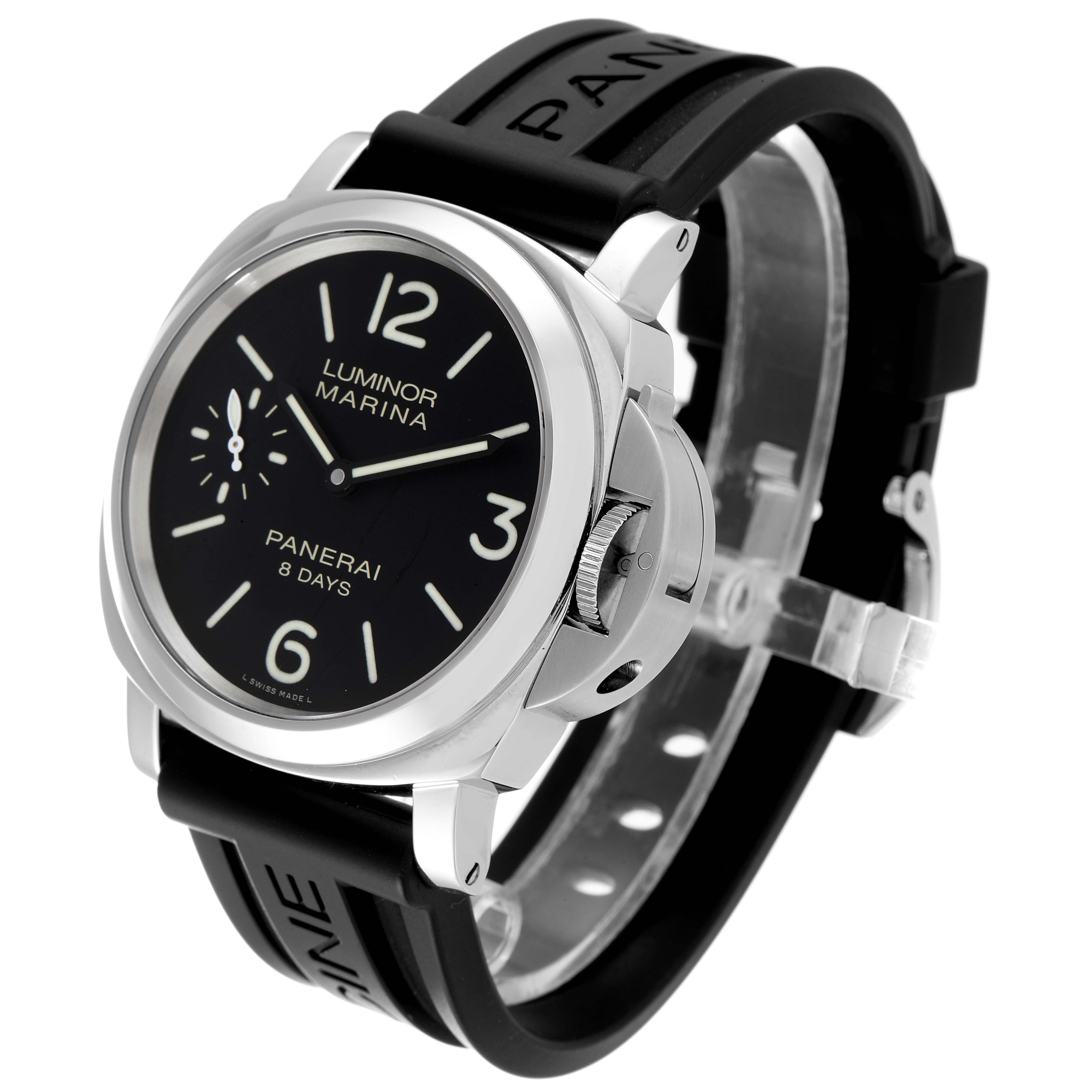 This Panerai Luminor PAM00510 Men
s Stainless Steel Black Dial PAM00510 Men
s Stainless Steel Black Dial model watch is shown at a three-quarter angle, featuring its black dial, protective crown guard, and black strap.
