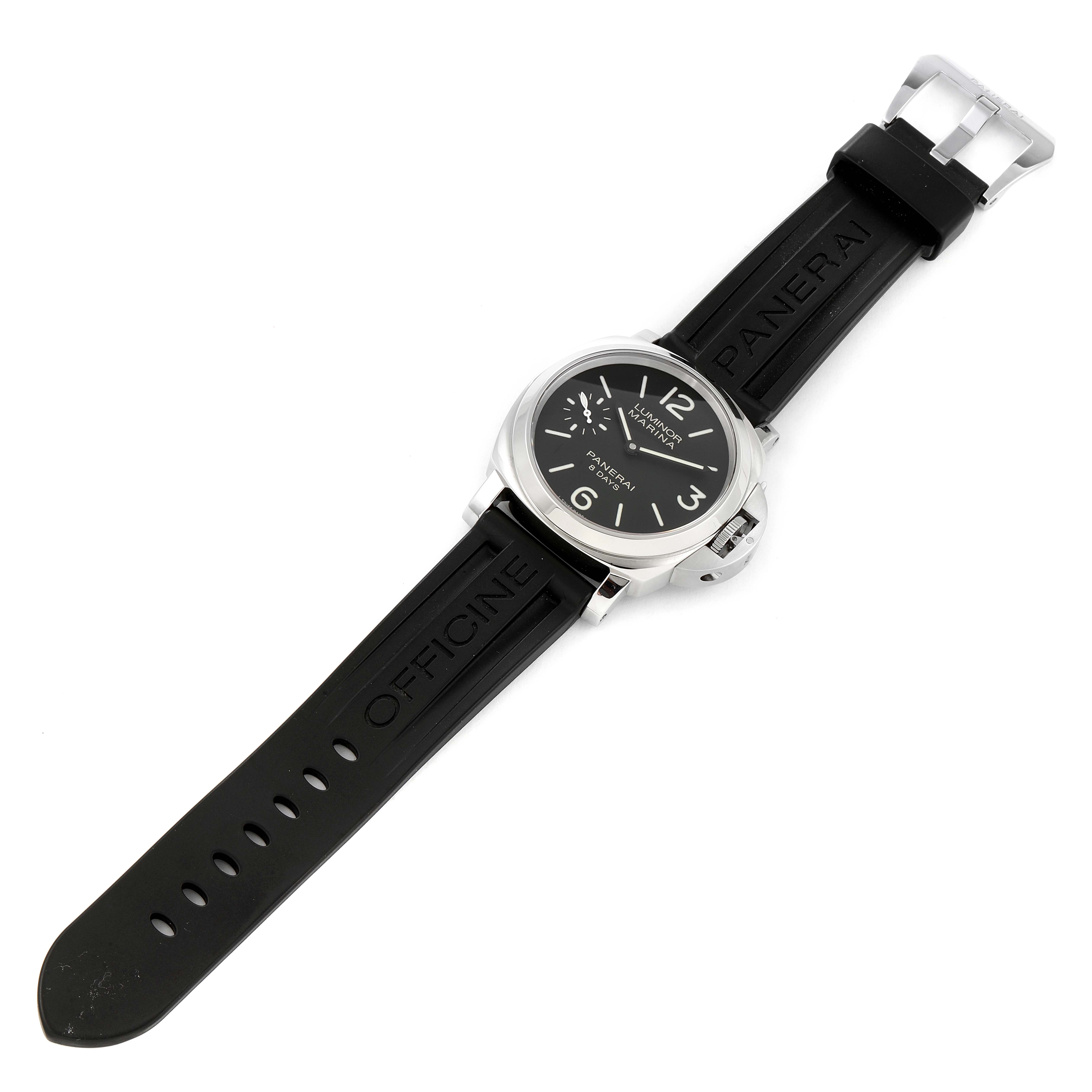 The Panerai Luminor PAM00510 Men
s Stainless Steel Black Dial PAM00510 Men
s Stainless Steel Black Dial watch is shown from a top-down angle, displaying the face, case, and full black rubber strap.