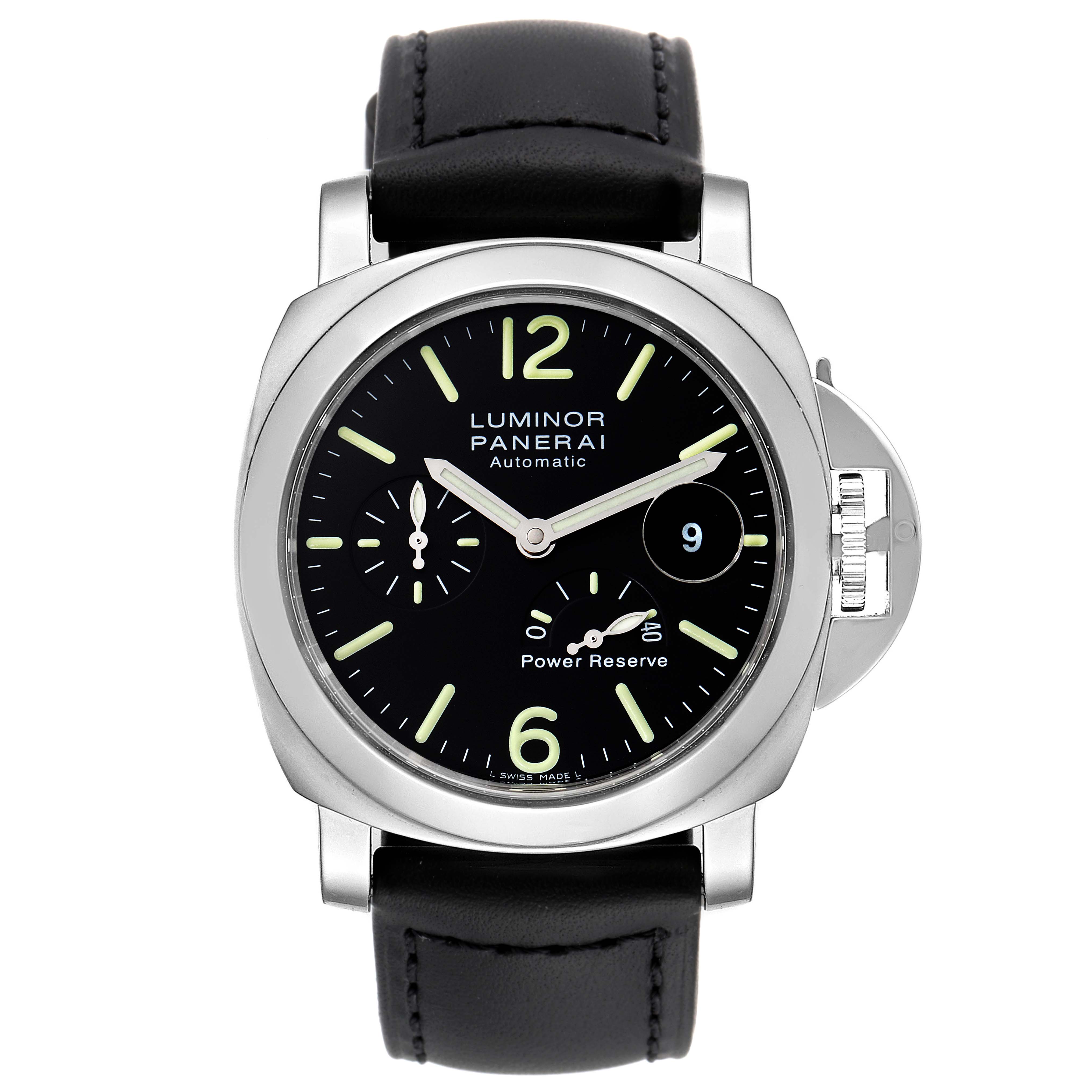 This image shows a frontal view of a Panerai Luminor PAM00090 Men
s Stainless Steel Black Dial PAM00090 Men
s Stainless Steel Black Dial watch, displaying its dial, hands, date window, and power reserve indicator.