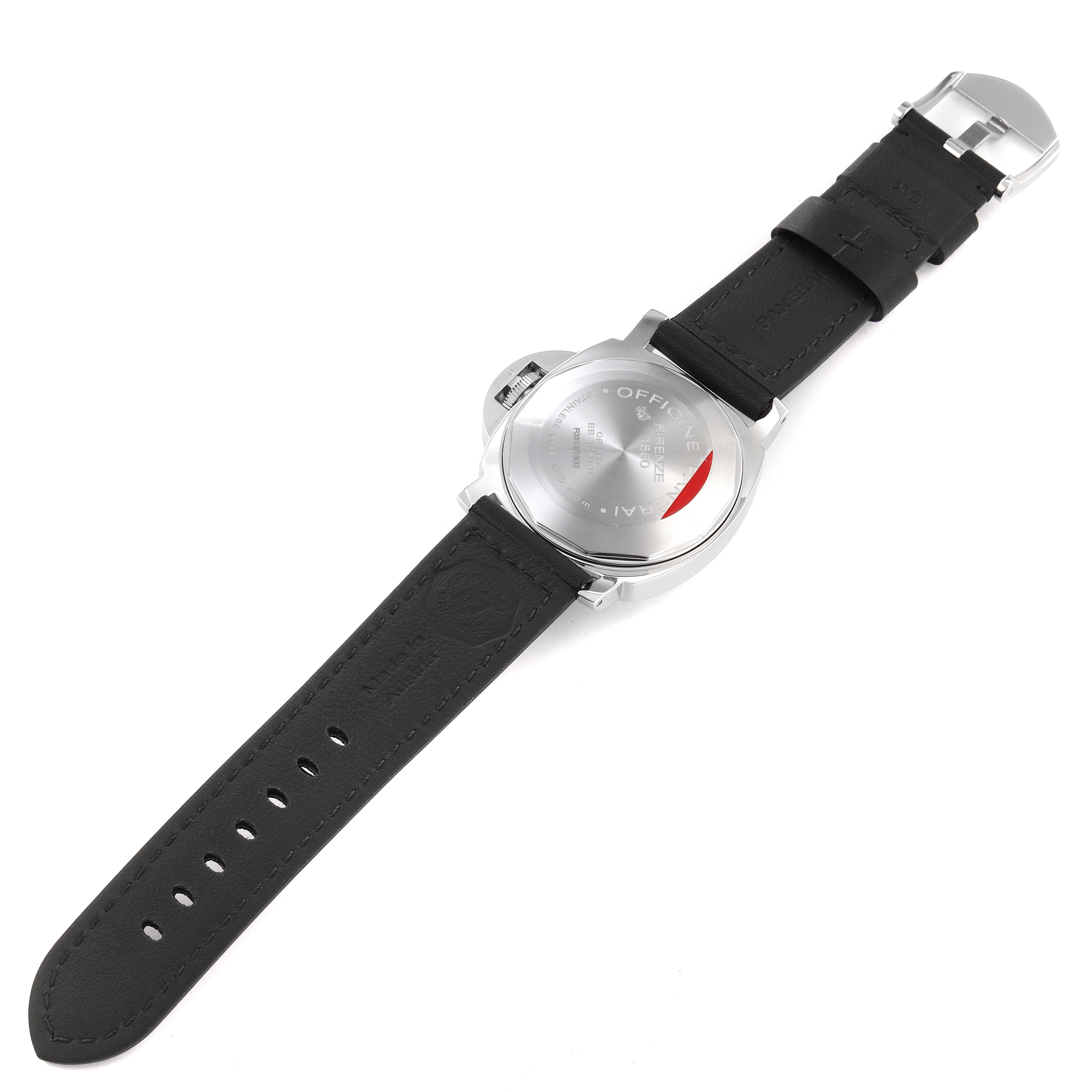 The image shows the back and strap of a Panerai Luminor PAM00090 Men
s Stainless Steel Black Dial PAM00090 Men
s Stainless Steel Black Dial watch, including the case back and black leather strap.