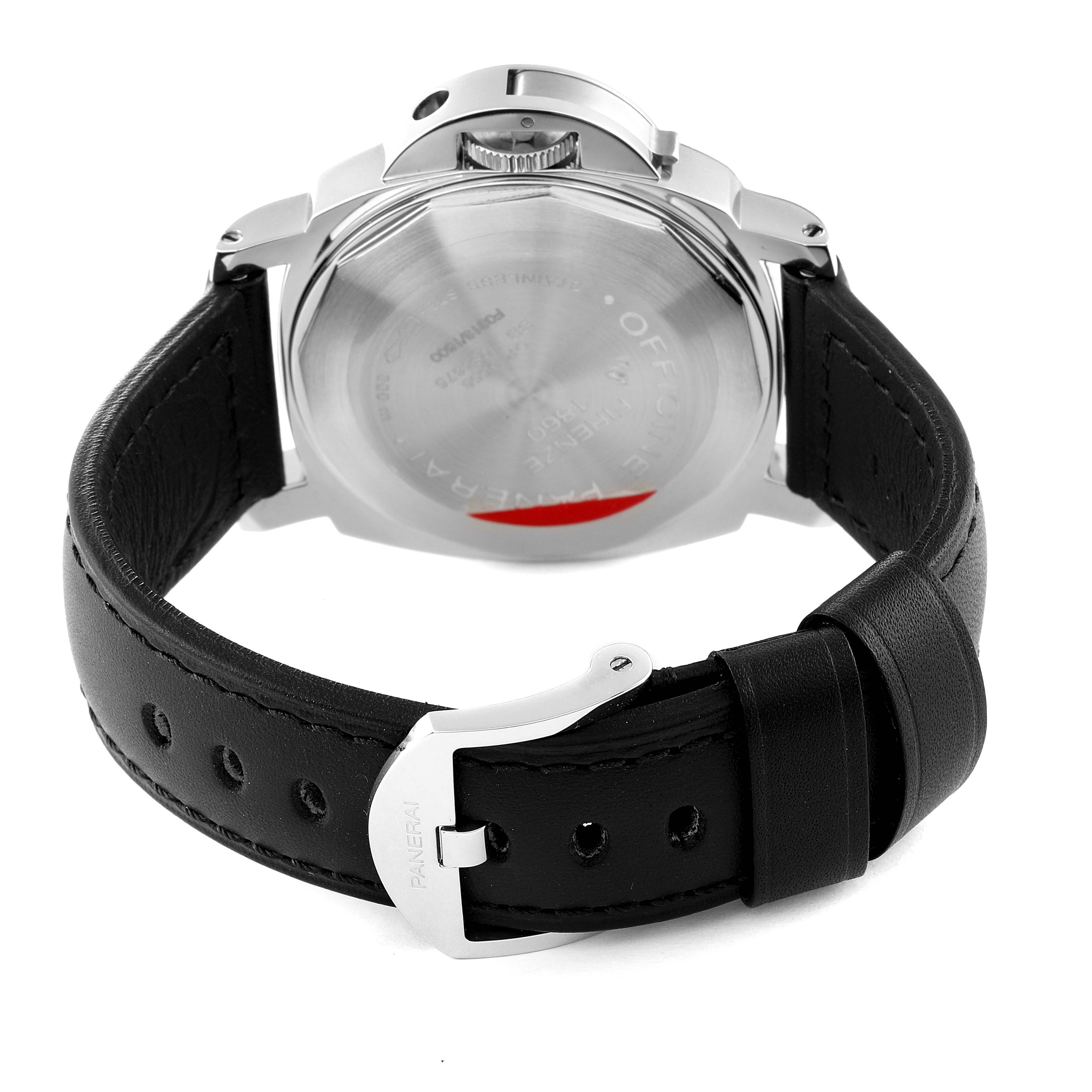 This image shows the back case and leather strap of the Panerai Luminor PAM00090 Men
s Stainless Steel Black Dial PAM00090 Men
s Stainless Steel Black Dial watch at an angle.