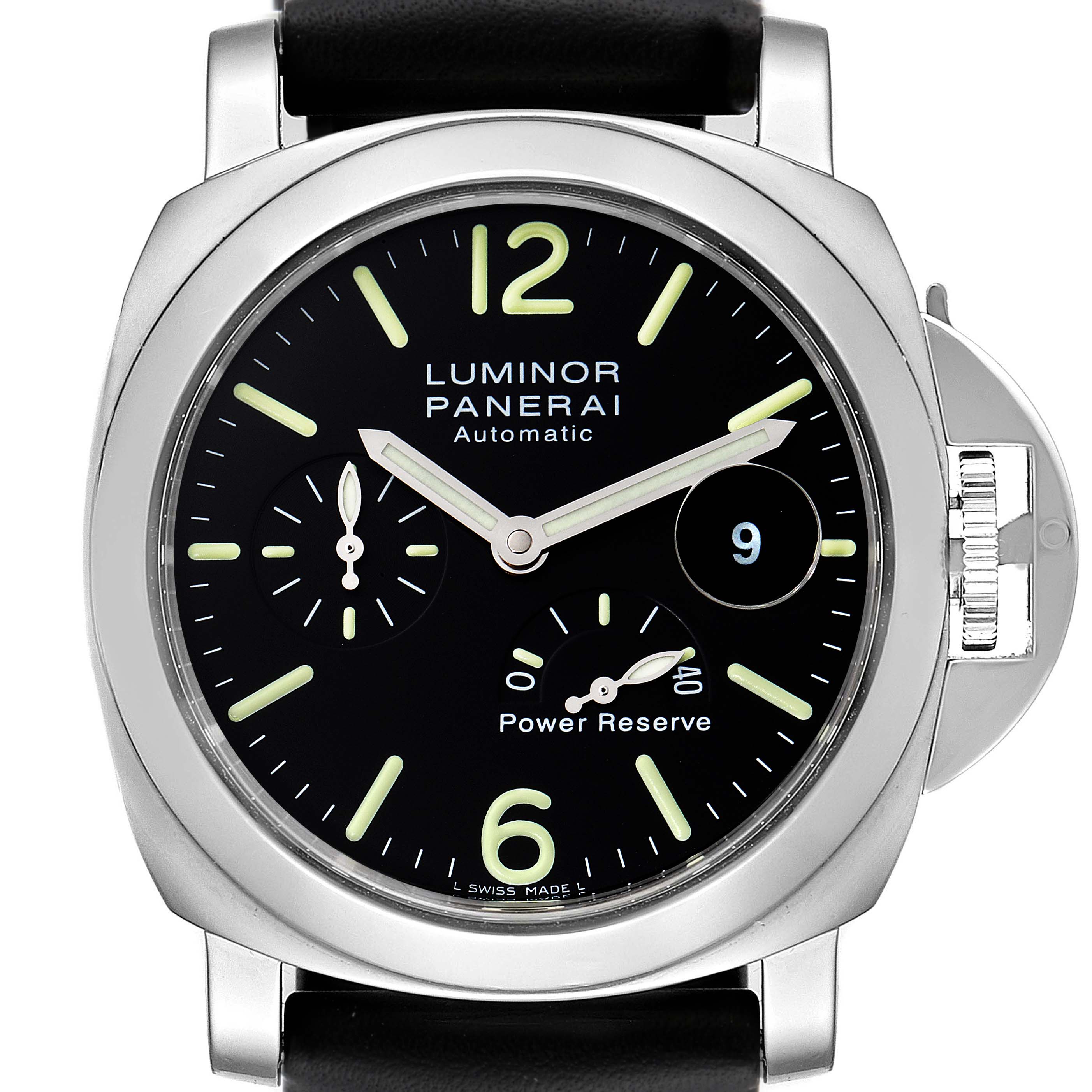 The Panerai Luminor PAM00090 Men
s Stainless Steel Black Dial PAM00090 Men
s Stainless Steel Black Dial model watch is shown from a front angle, displaying the dial, case, and crown guard.