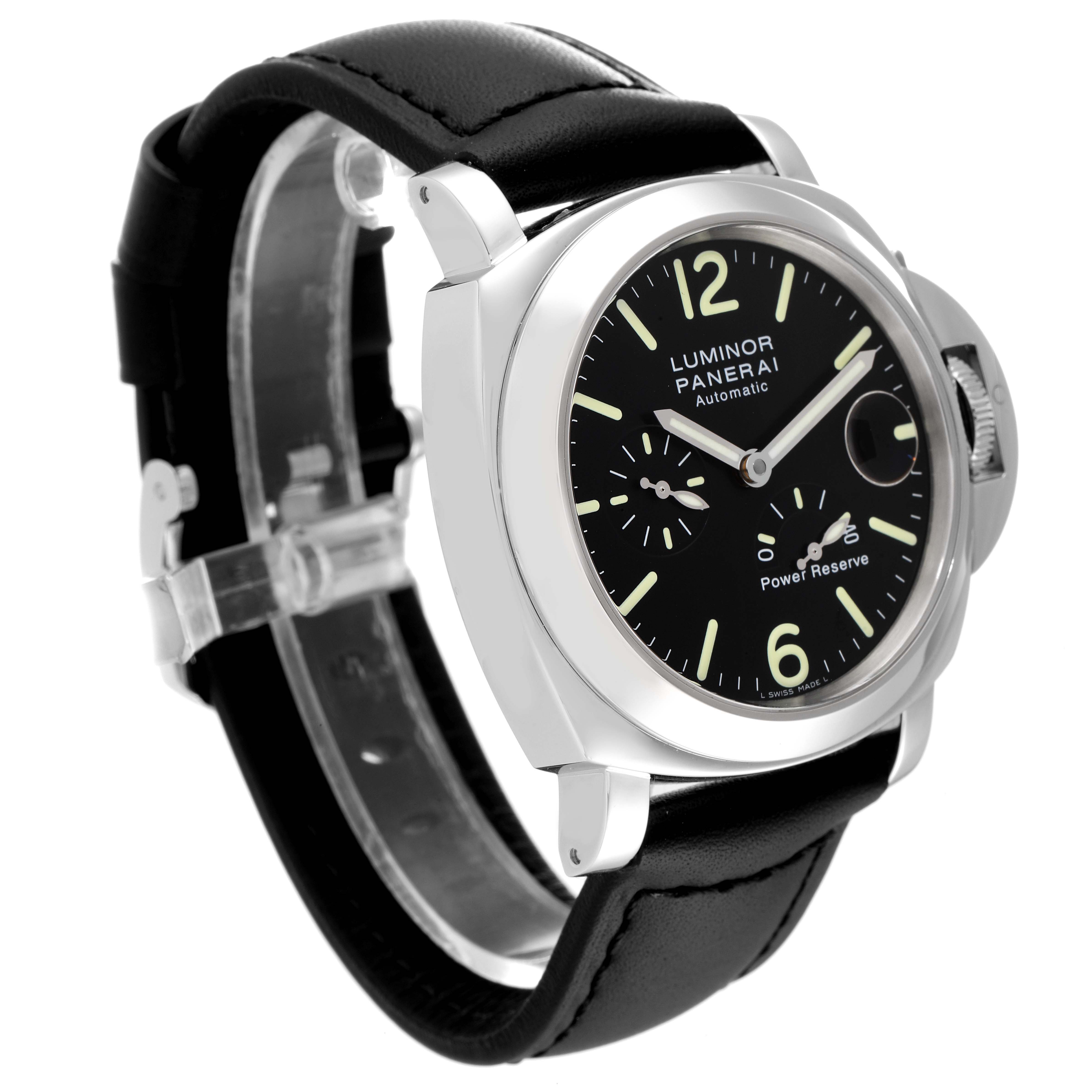 The image shows a Panerai Luminor PAM00090 Men
s Stainless Steel Black Dial PAM00090 Men
s Stainless Steel Black Dial watch at a three-quarter angle, highlighting its dial, bezel, and leather strap.