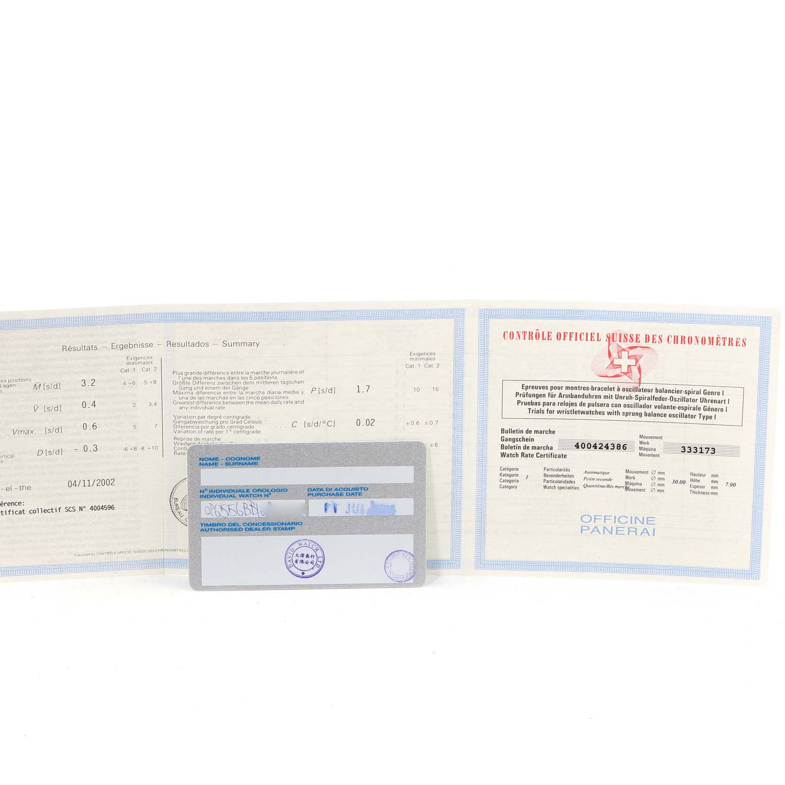 The image shows documentation and a warranty card for a Panerai Luminor PAM00090 Men
s Stainless Steel Black Dial PAM00090 Men
s Stainless Steel Black Dial model watch.