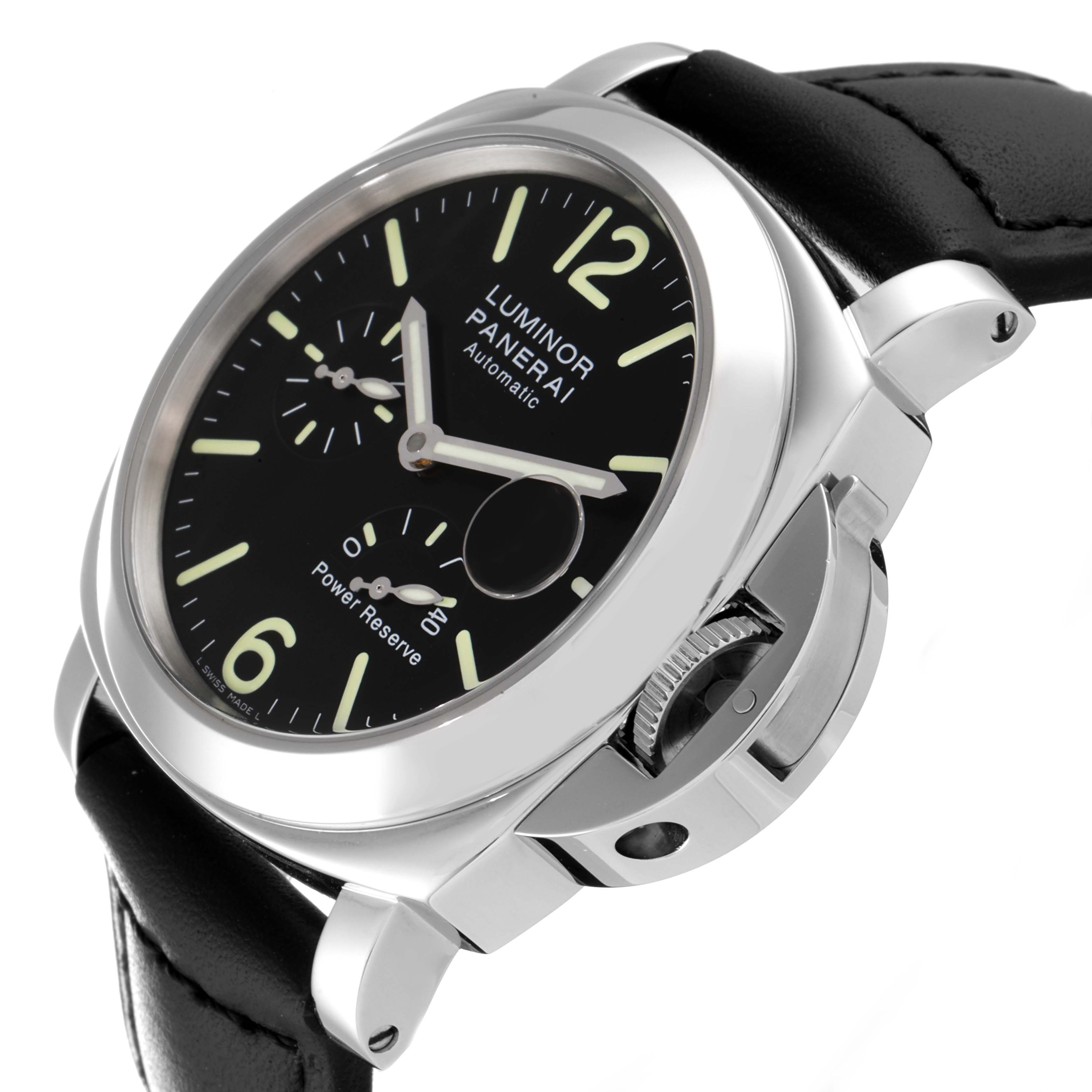 The image shows a Panerai Luminor PAM00090 Men
s Stainless Steel Black Dial PAM00090 Men
s Stainless Steel Black Dial watch at a slight side angle, highlighting the bezel, dial, crown guard, and strap.