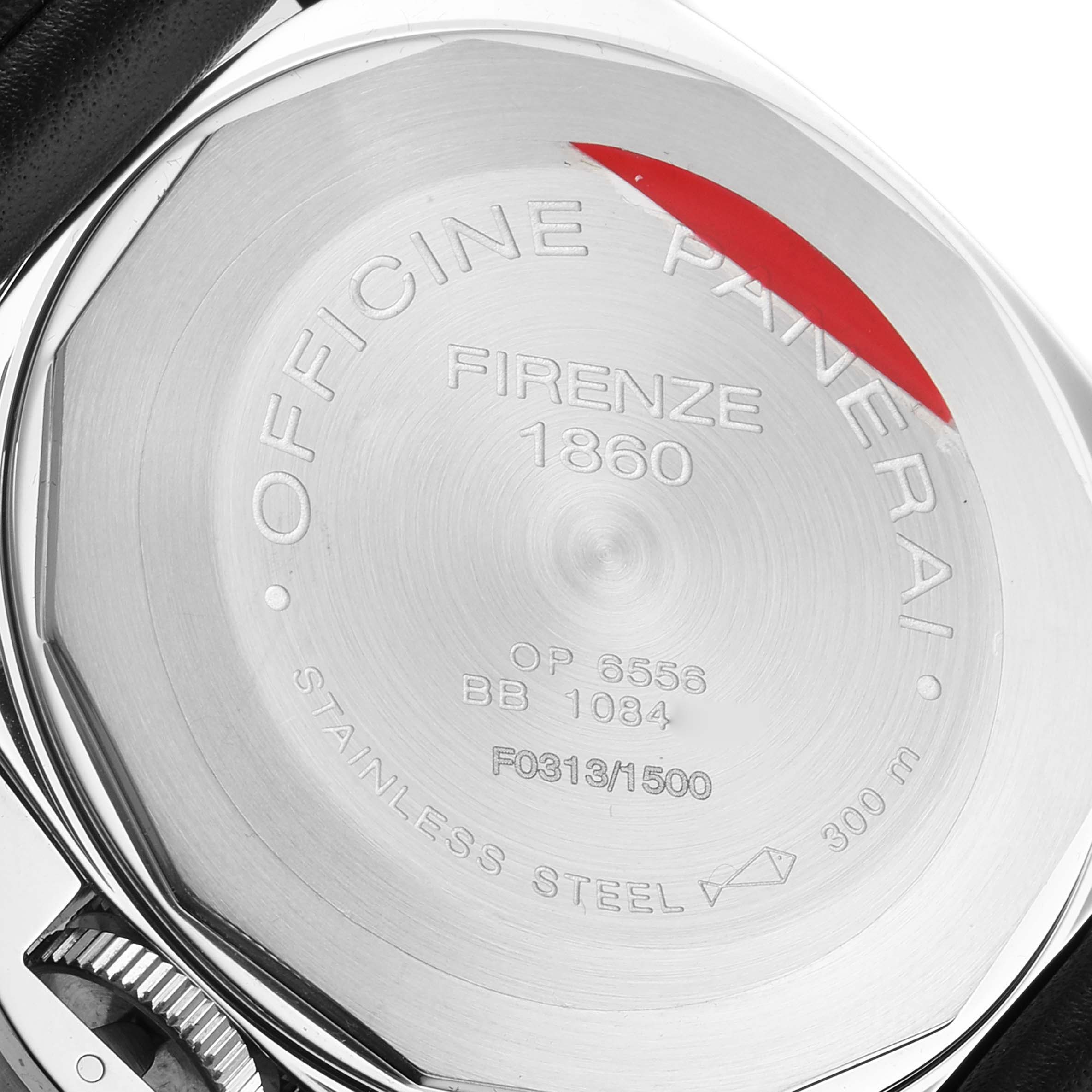 The image shows the stainless steel case back of a Panerai Luminor PAM00090 Men
s Stainless Steel Black Dial PAM00090 Men
s Stainless Steel Black Dial watch, highlighting its engravings and water resistance.