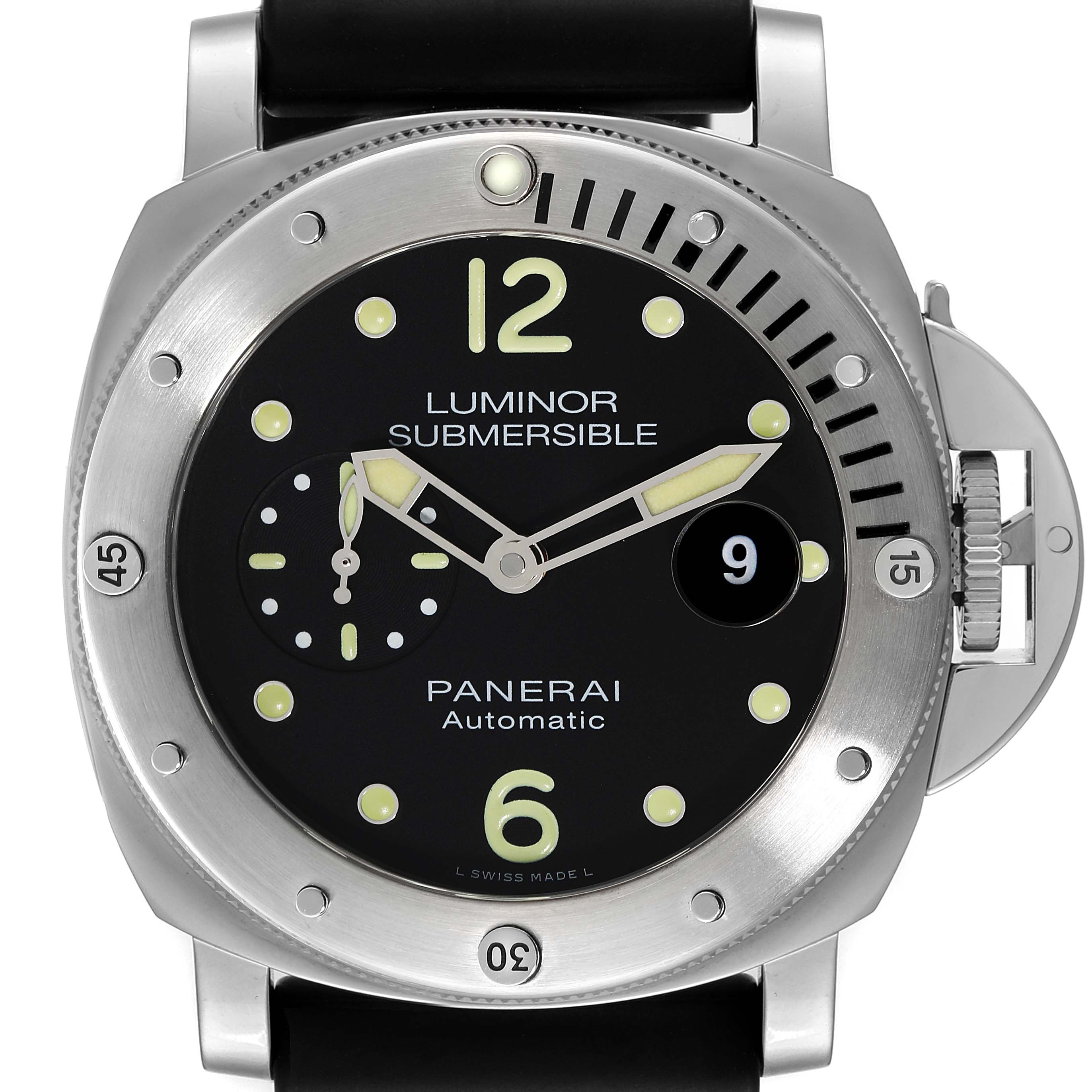 This image shows the front view of the Panerai Submersible PAM01024 Men
s Stainless Steel Black Dial PAM01024 Men
s Stainless Steel Black Dial Luminor watch, featuring its dial, bezel, and crown guard.