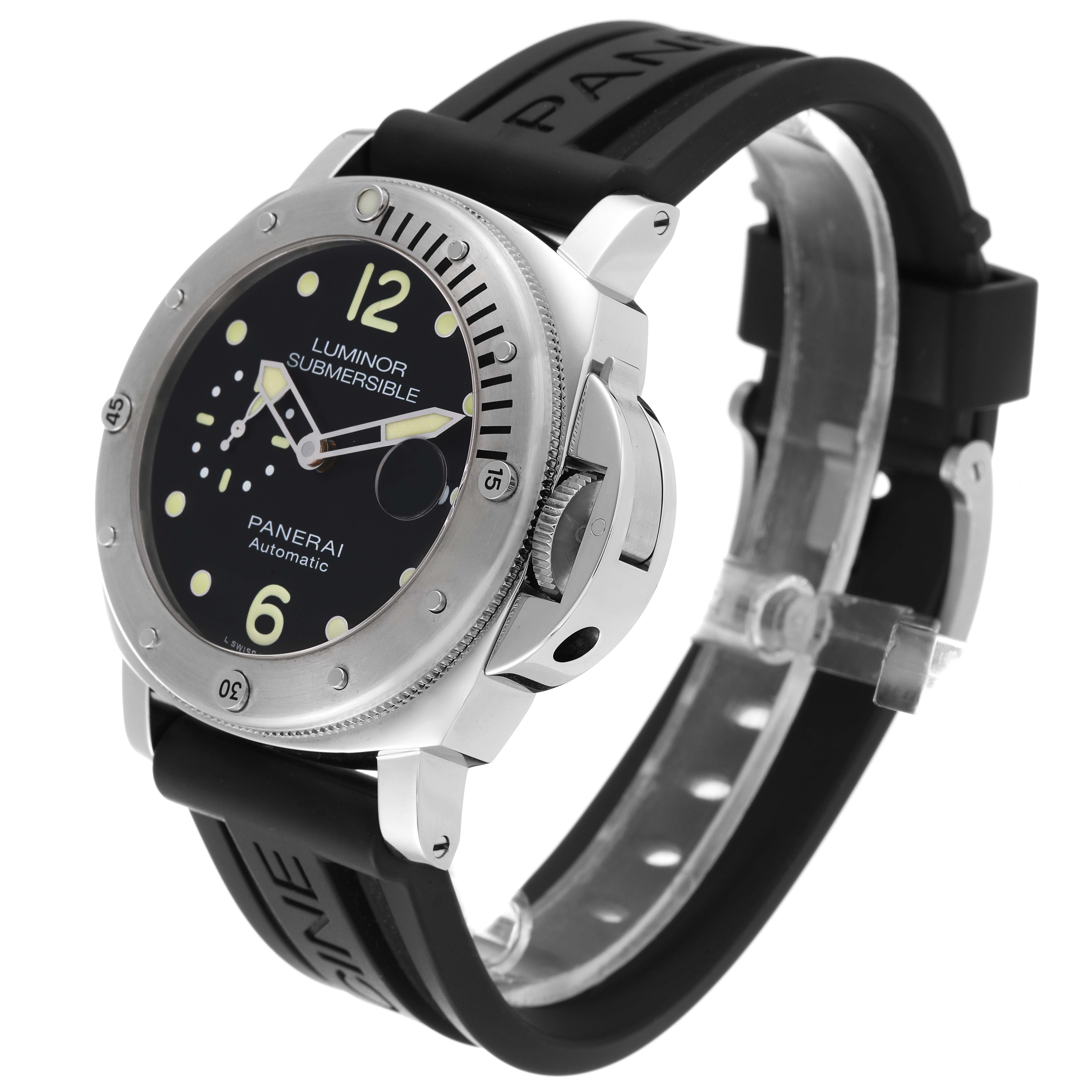 The Panerai Submersible PAM01024 Men
s Stainless Steel Black Dial PAM01024 Men
s Stainless Steel Black Dial watch is shown at an angled side view, highlighting its dial, bezel, lugs, and rubber strap.