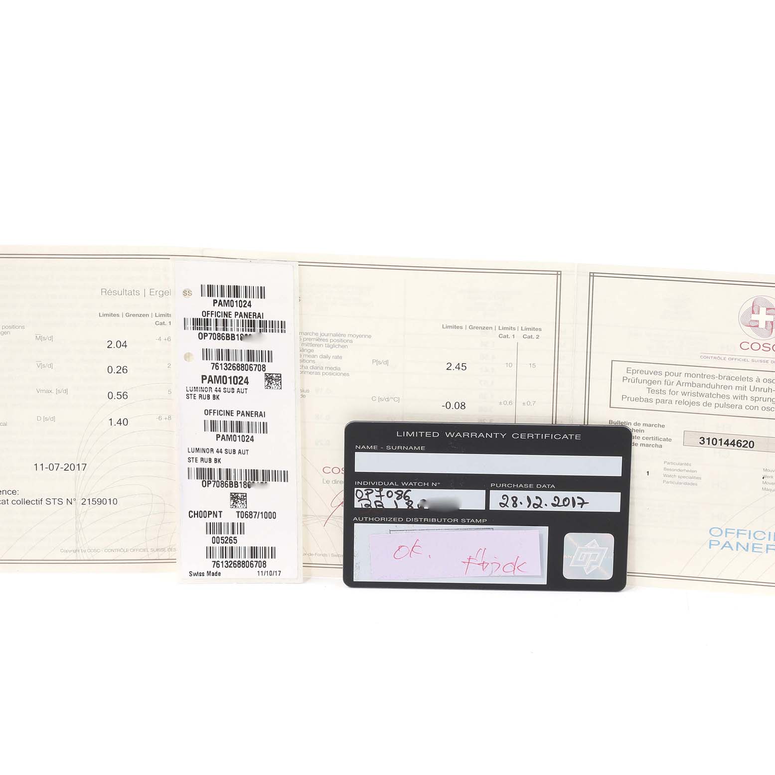 The image shows warranty certificates, tags, and documents for a Panerai Submersible PAM01024 Men
s Stainless Steel Black Dial PAM01024 Men
s Stainless Steel Black Dial model watch, emphasizing its Best Quality
ity.