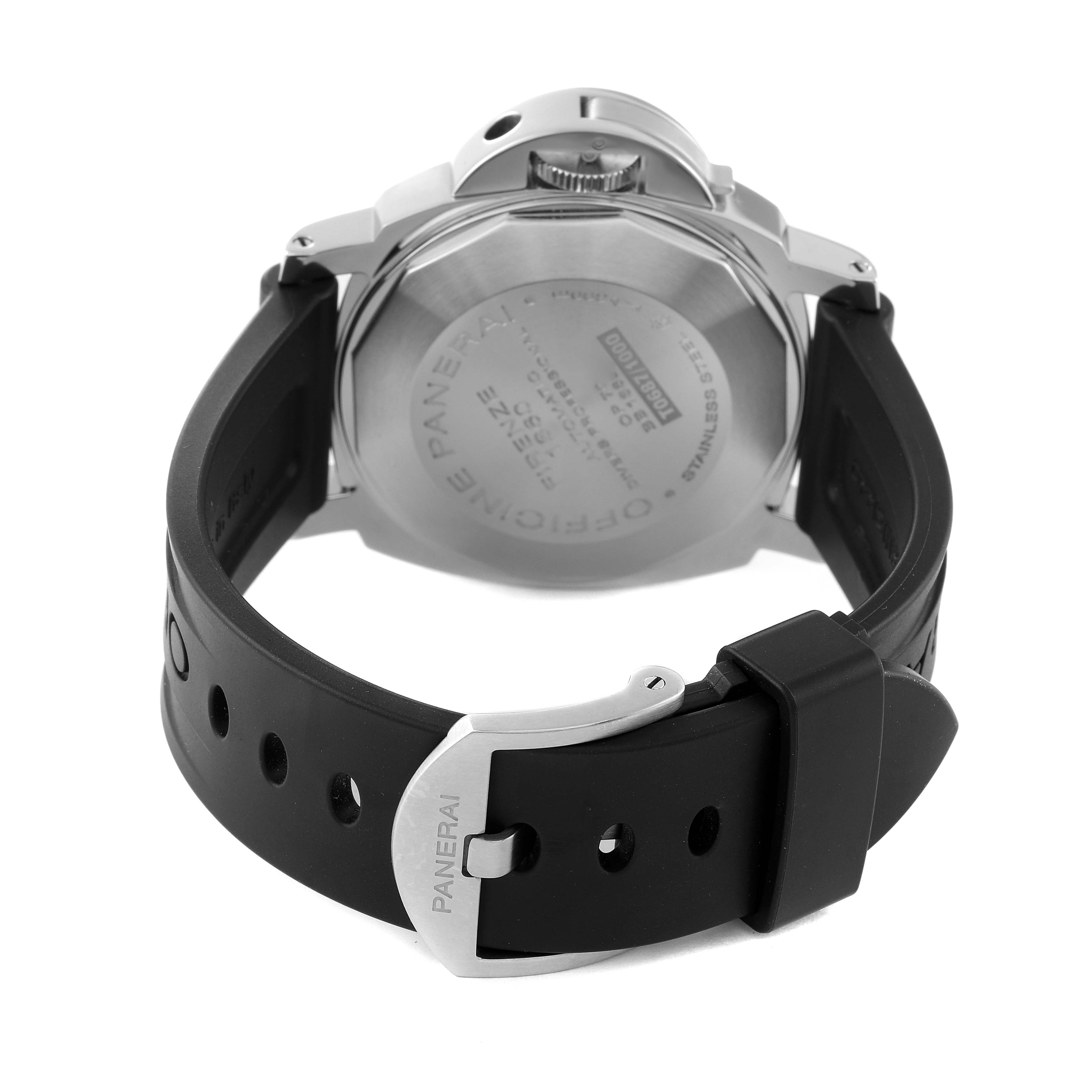 This image shows the back side of the Panerai Submersible PAM01024 Men
s Stainless Steel Black Dial PAM01024 Men
s Stainless Steel Black Dial watch, featuring the case back and rubber strap with a buckle.