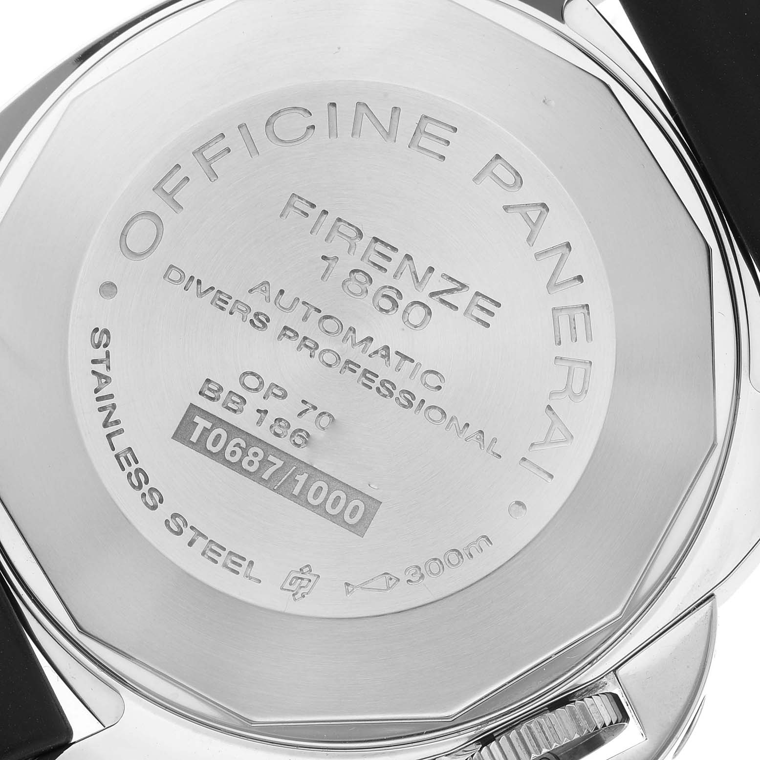 The image shows the back case of the Panerai Submersible PAM01024 Men
s Stainless Steel Black Dial PAM01024 Men
s Stainless Steel Black Dial watch, displaying branding, specifications, and the edition number.