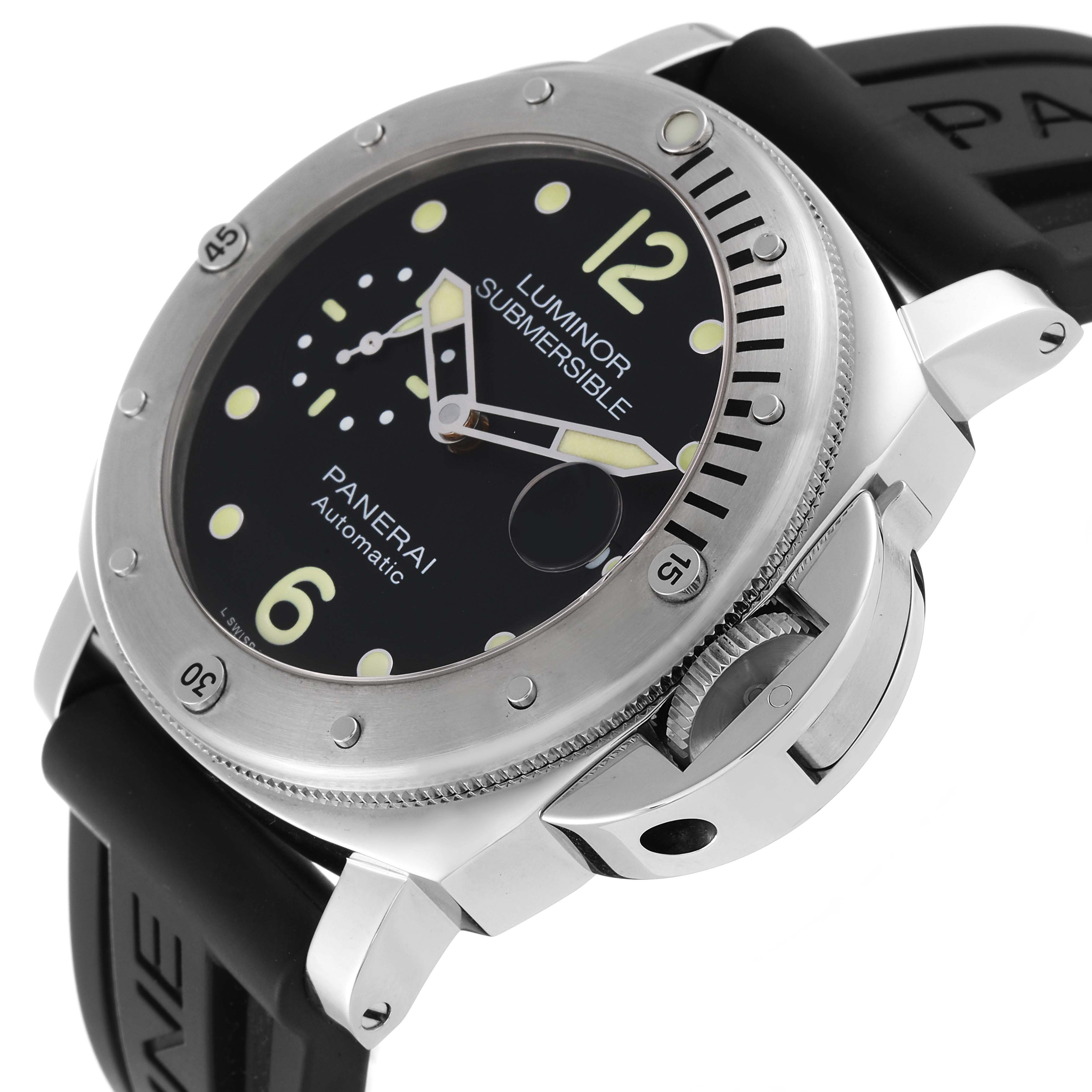 This image shows a Panerai Submersible PAM01024 Men
s Stainless Steel Black Dial PAM01024 Men
s Stainless Steel Black Dial watch from an oblique angle highlighting the dial, case, bezel, and part of the strap.