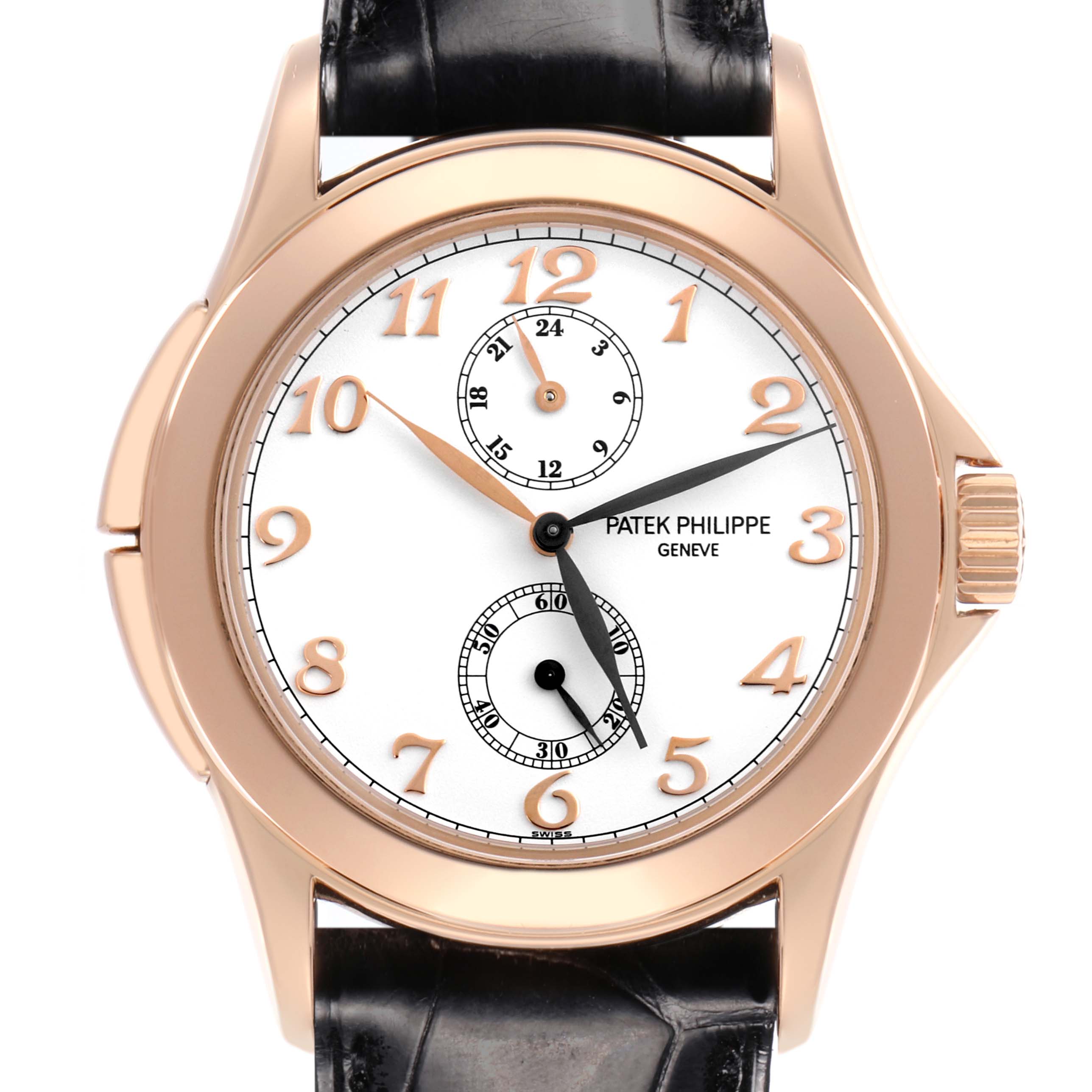 This image shows a front view of the Patek Philippe Calatrava 5134R-001 Men's Rose Gold White Dial 5134R-001 Men's Rose Gold White Dial watch, highlighting the dial, hands, and strap.