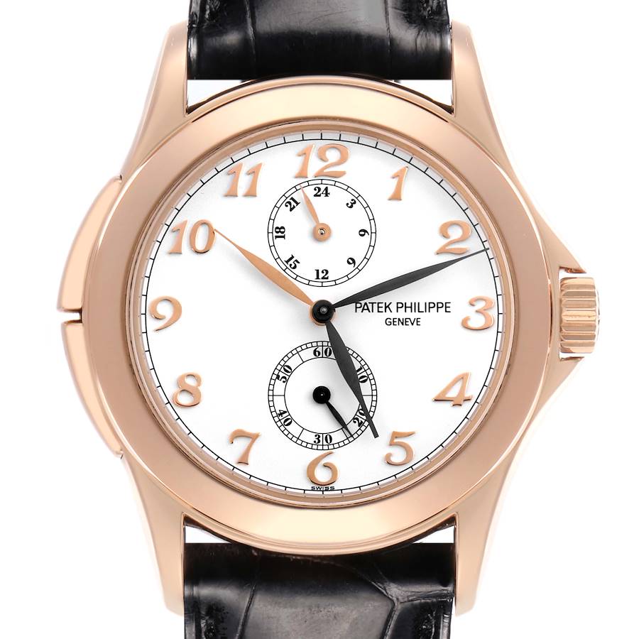 This image shows a front view of the Patek Philippe Calatrava watch, highlighting the dial, hands, and strap.