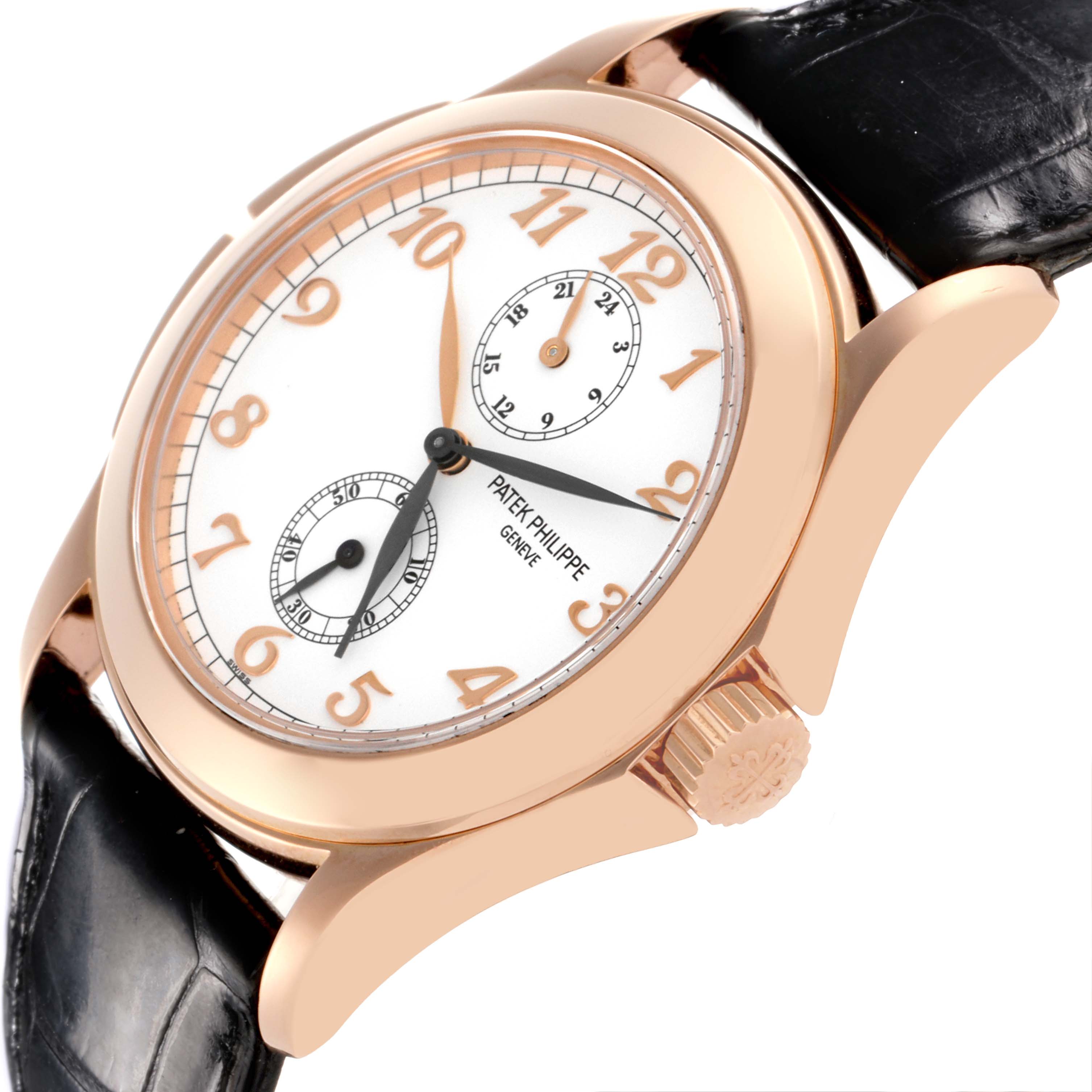 The Patek Philippe Calatrava 5134R-001 Men's Rose Gold White Dial 5134R-001 Men's Rose Gold White Dial watch is shown at an oblique angle, highlighting the dial, case, crown, and leather strap.